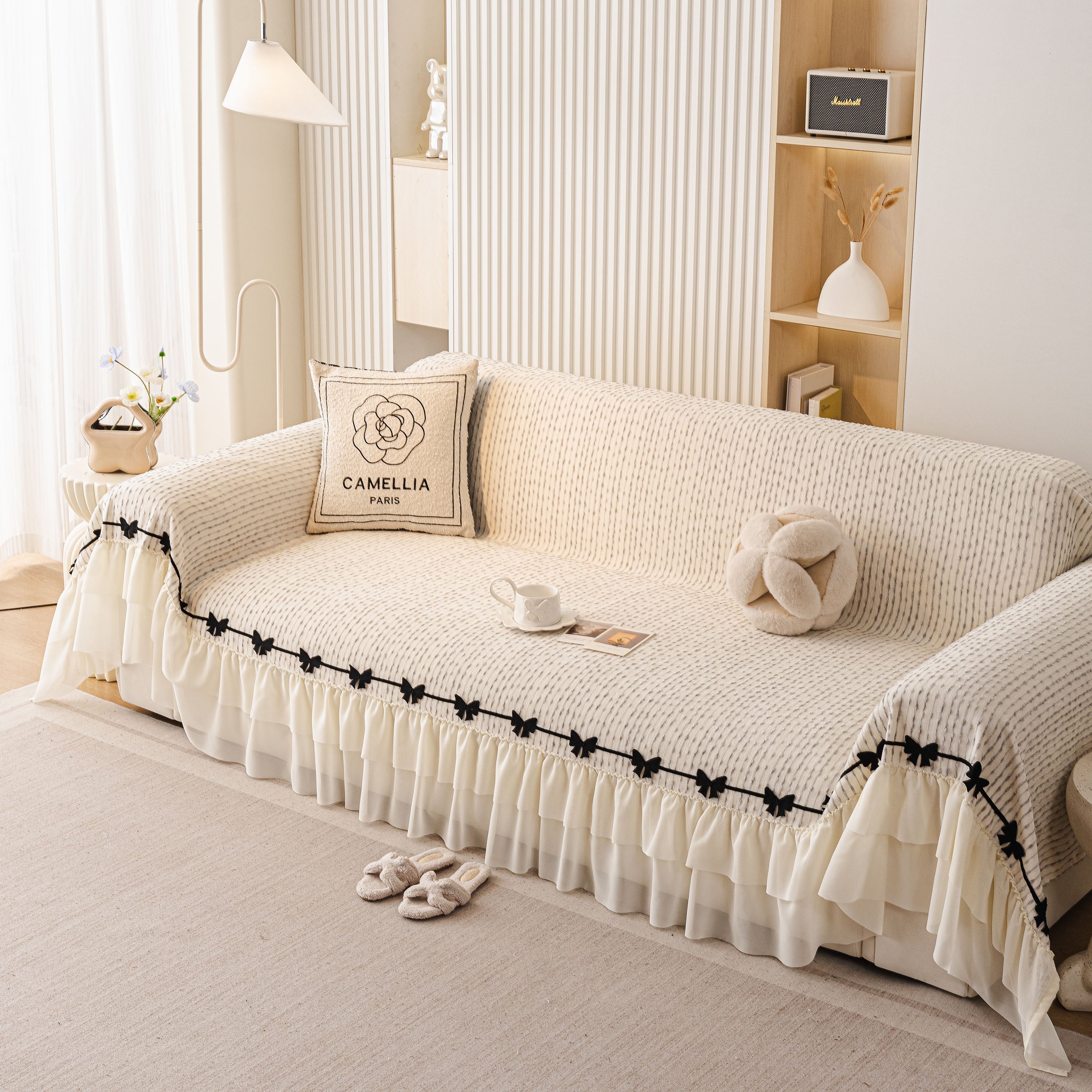 Ruffled Sofa Cover with Bowknot Decor, French Country Style Skirted Couch Slipcover - Image 43