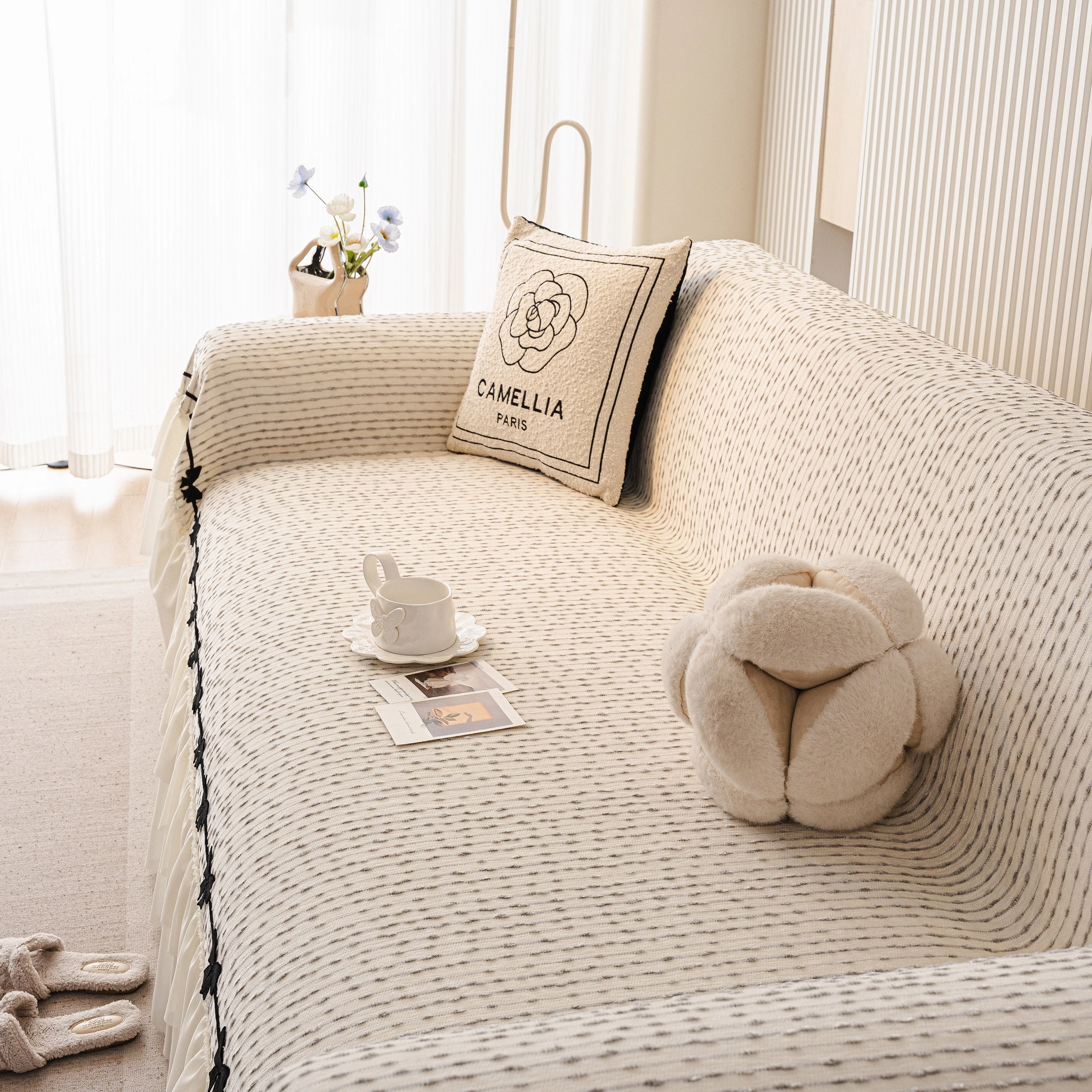 Ruffled Sofa Cover with Bowknot Decor, French Country Style Skirted Couch Slipcover - Image 44