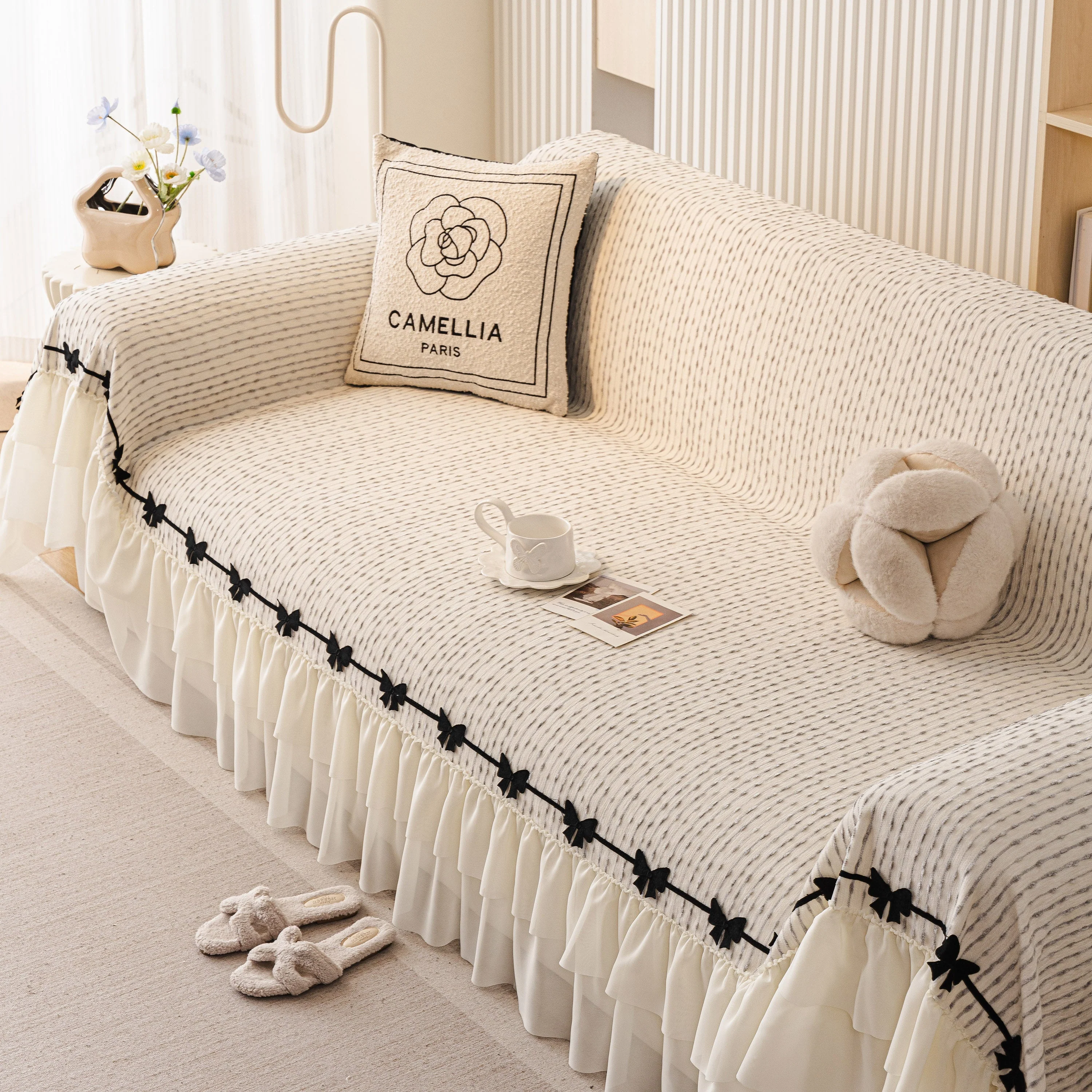 Ruffled Sofa Cover with Bowknot Decor, French Country Style Skirted Couch Slipcover - Image 46