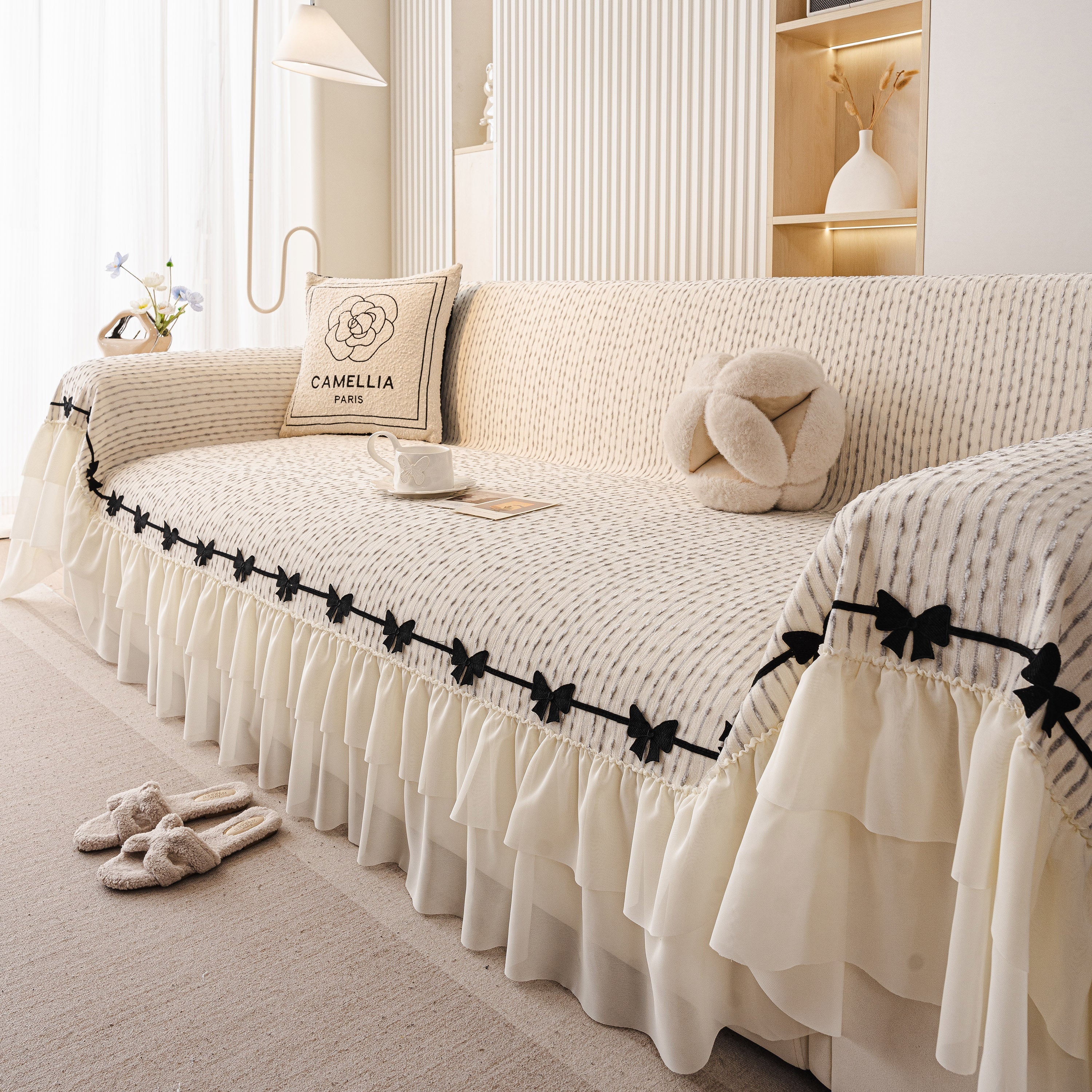 Ruffled Sofa Cover with Bowknot Decor, French Country Style Skirted Couch Slipcover - Image 47