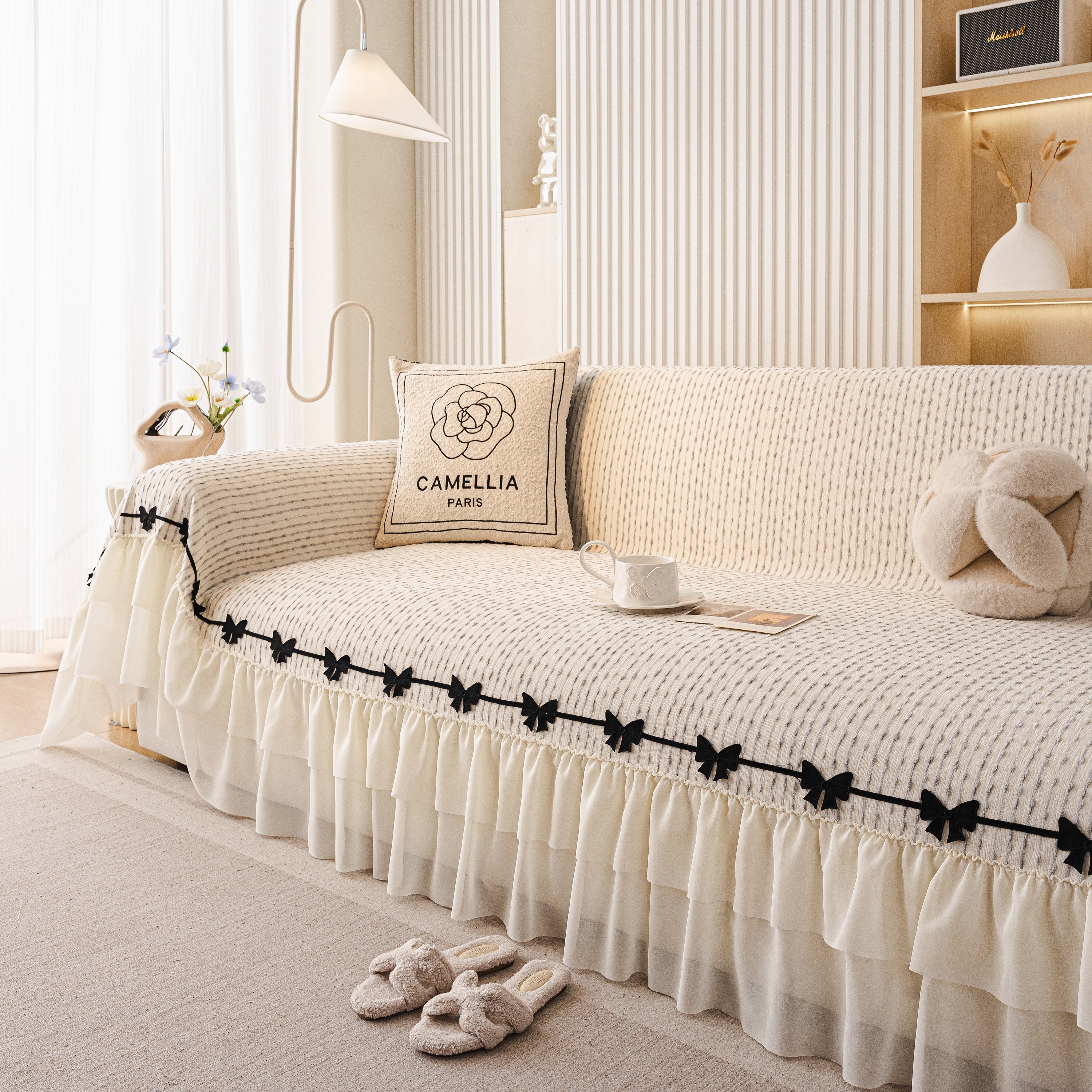 Ruffled Sofa Cover with Bowknot Decor, French Country Style Skirted Couch Slipcover - Image 49