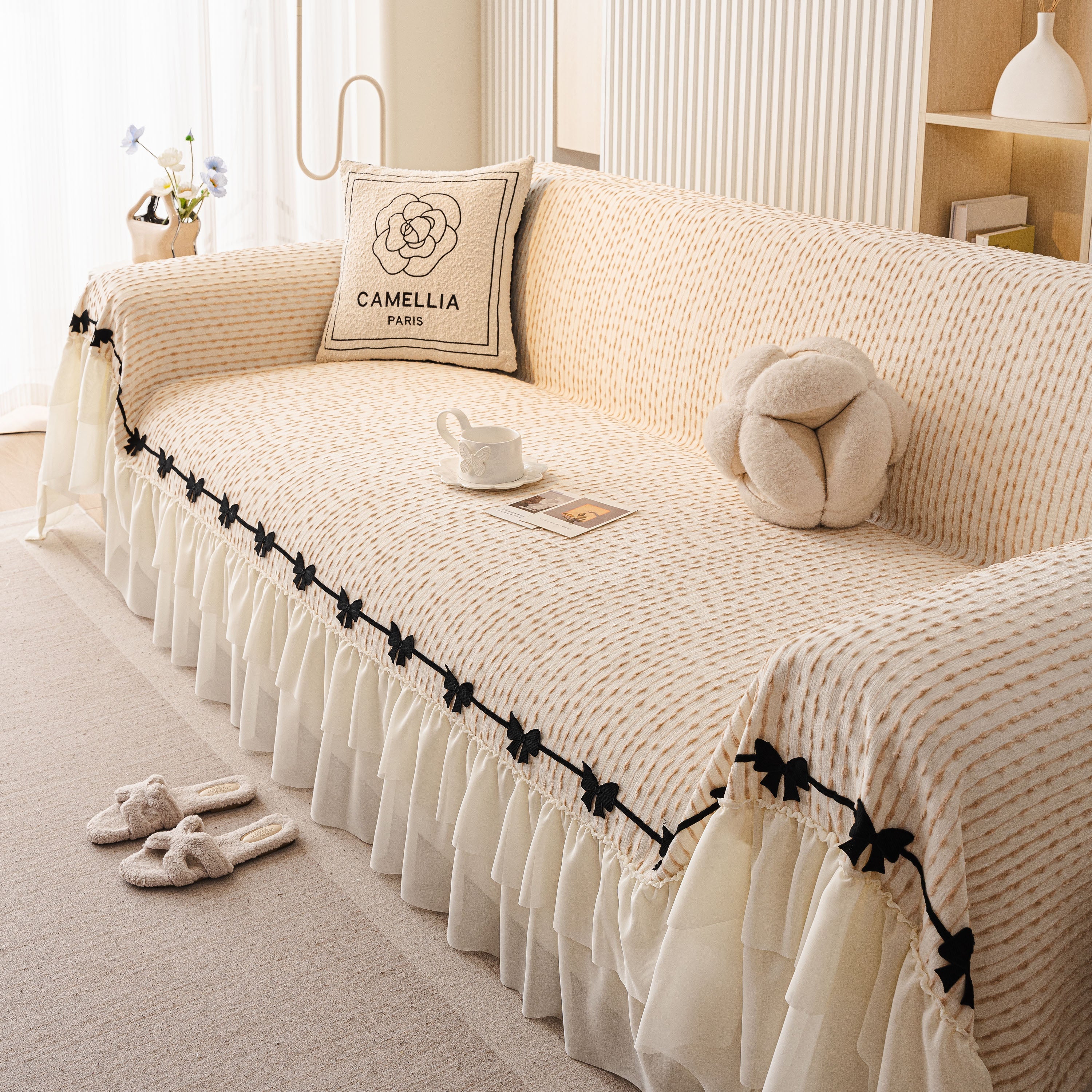 Ruffled Sofa Cover with Bowknot Decor, French Country Style Skirted Couch Slipcover - Image 5