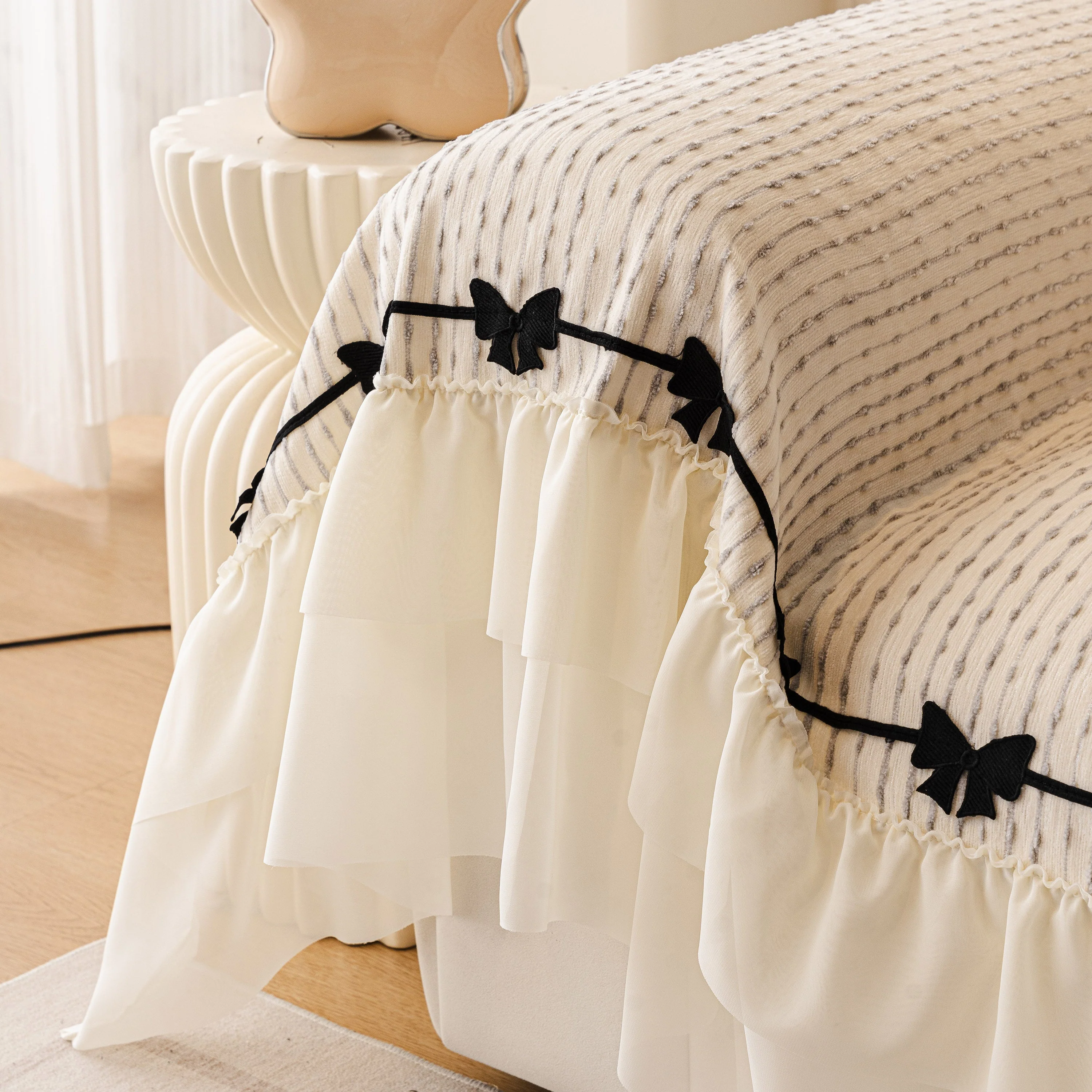 Ruffled Sofa Cover with Bowknot Decor, French Country Style Skirted Couch Slipcover - Image 50