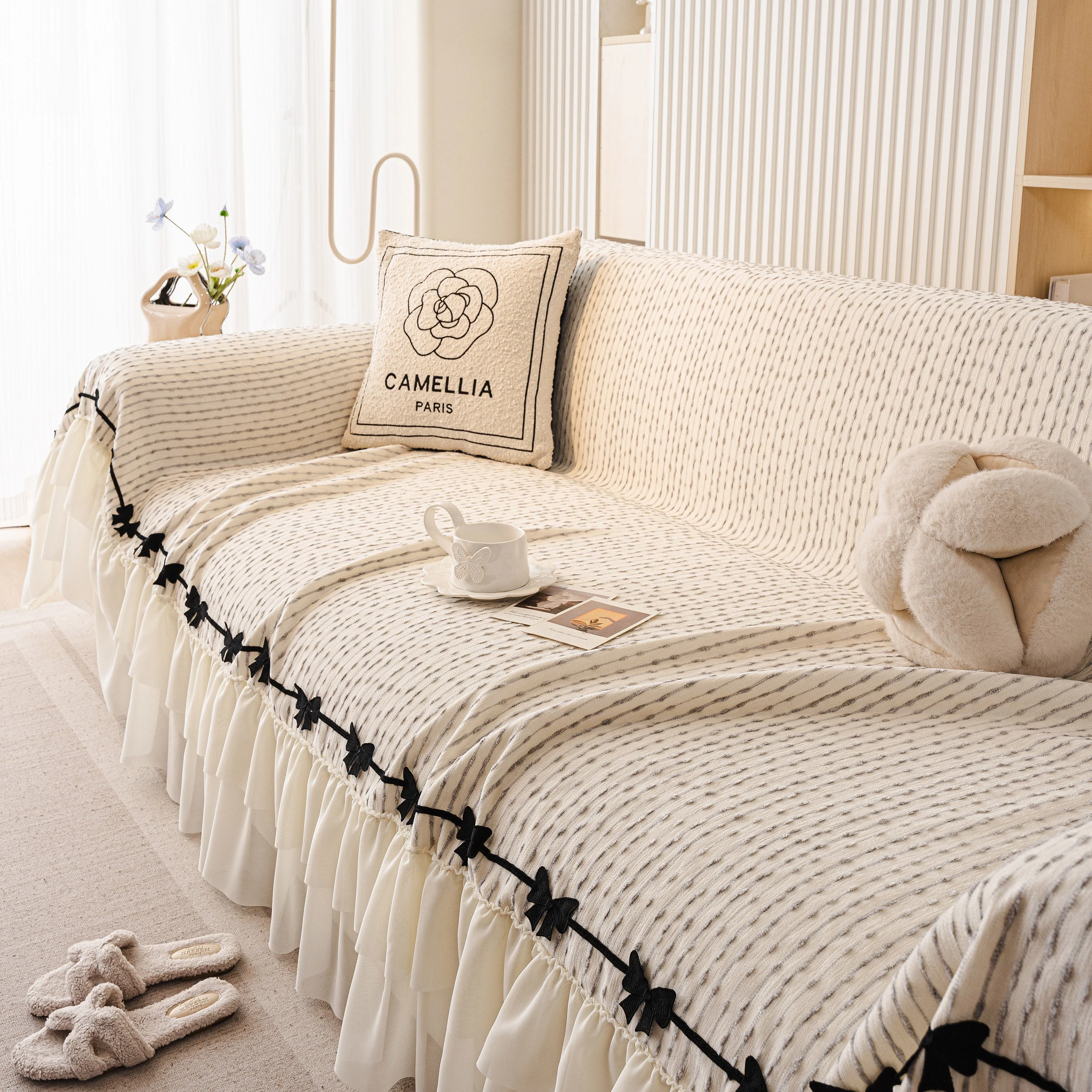 Ruffled Sofa Cover with Bowknot Decor, French Country Style Skirted Couch Slipcover - Image 51