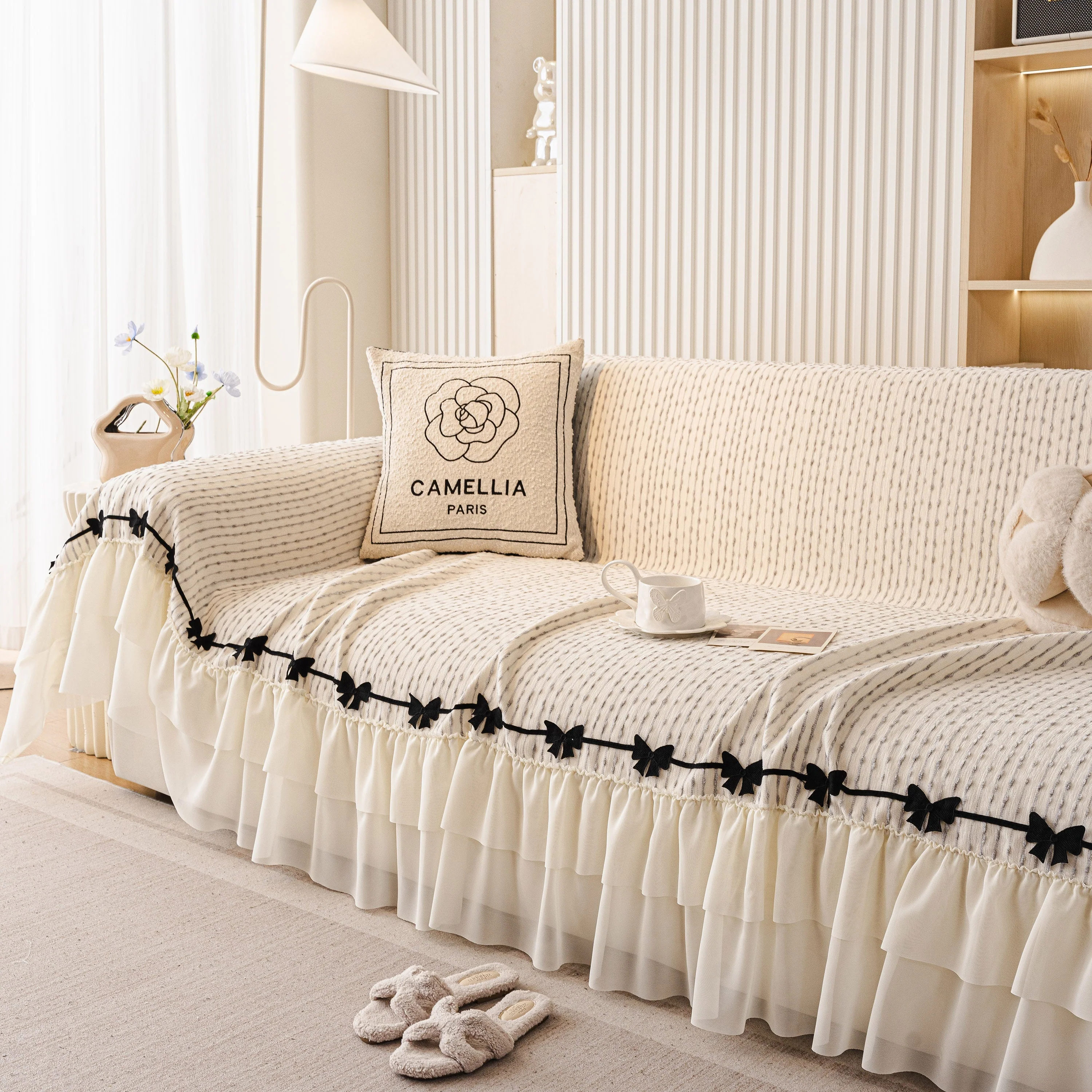 Ruffled Sofa Cover with Bowknot Decor, French Country Style Skirted Couch Slipcover - Image 52