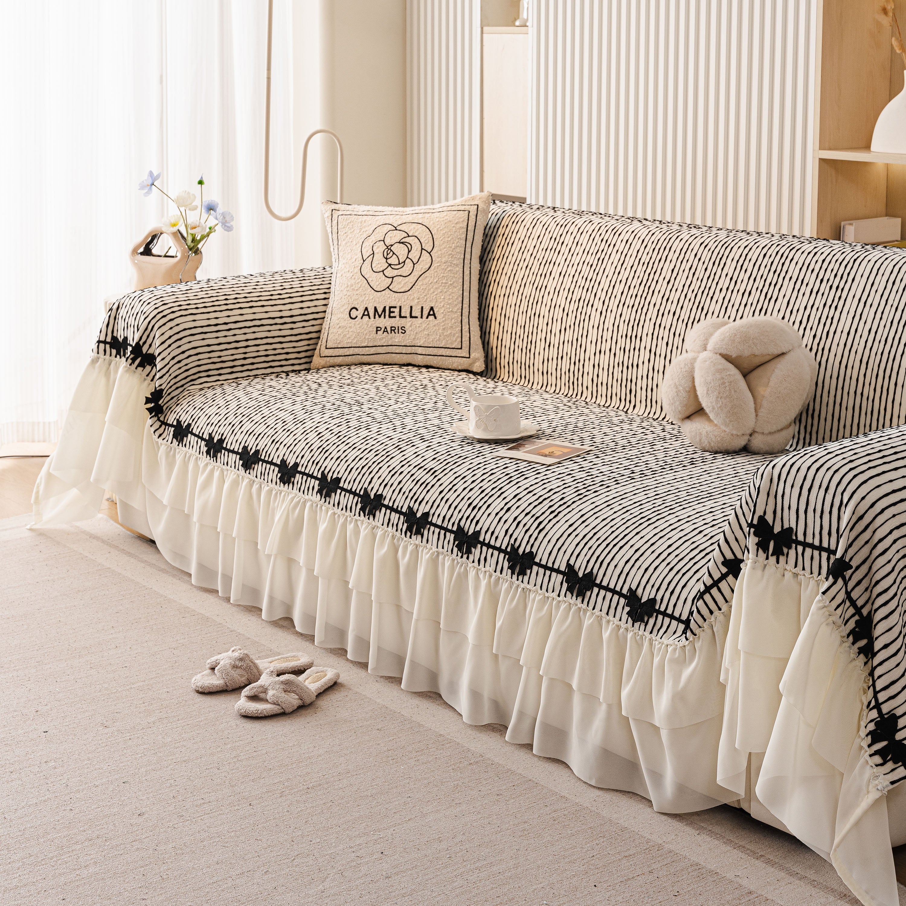 Ruffled Sofa Cover with Bowknot Decor, French Country Style Skirted Couch Slipcover - Image 55