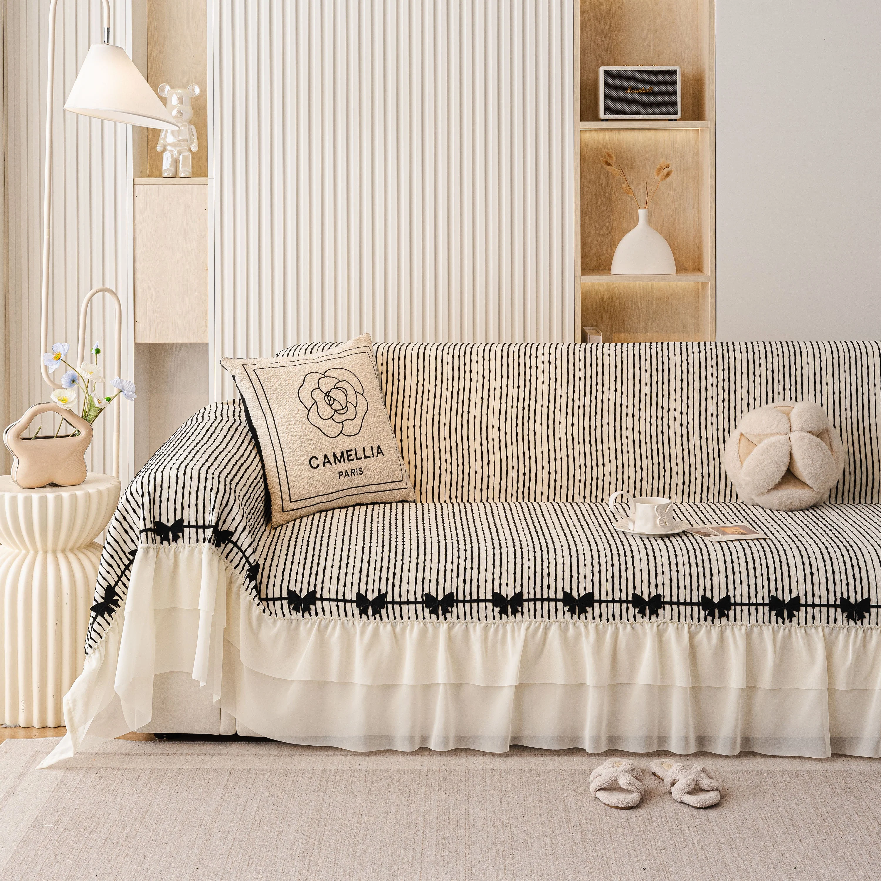 Ruffled Sofa Cover with Bowknot Decor, French Country Style Skirted Couch Slipcover - Image 57