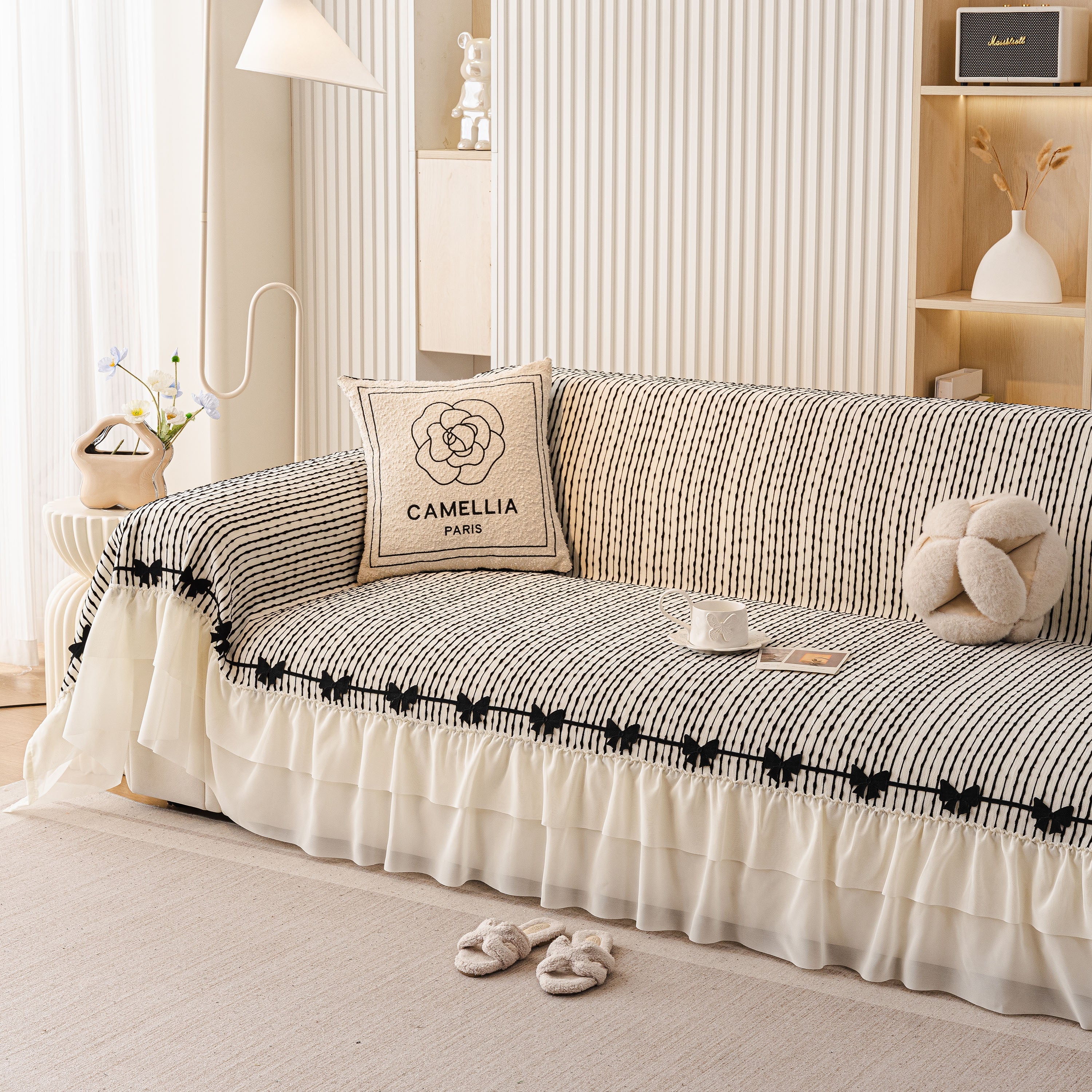Ruffled Sofa Cover with Bowknot Decor, French Country Style Skirted Couch Slipcover - Image 58