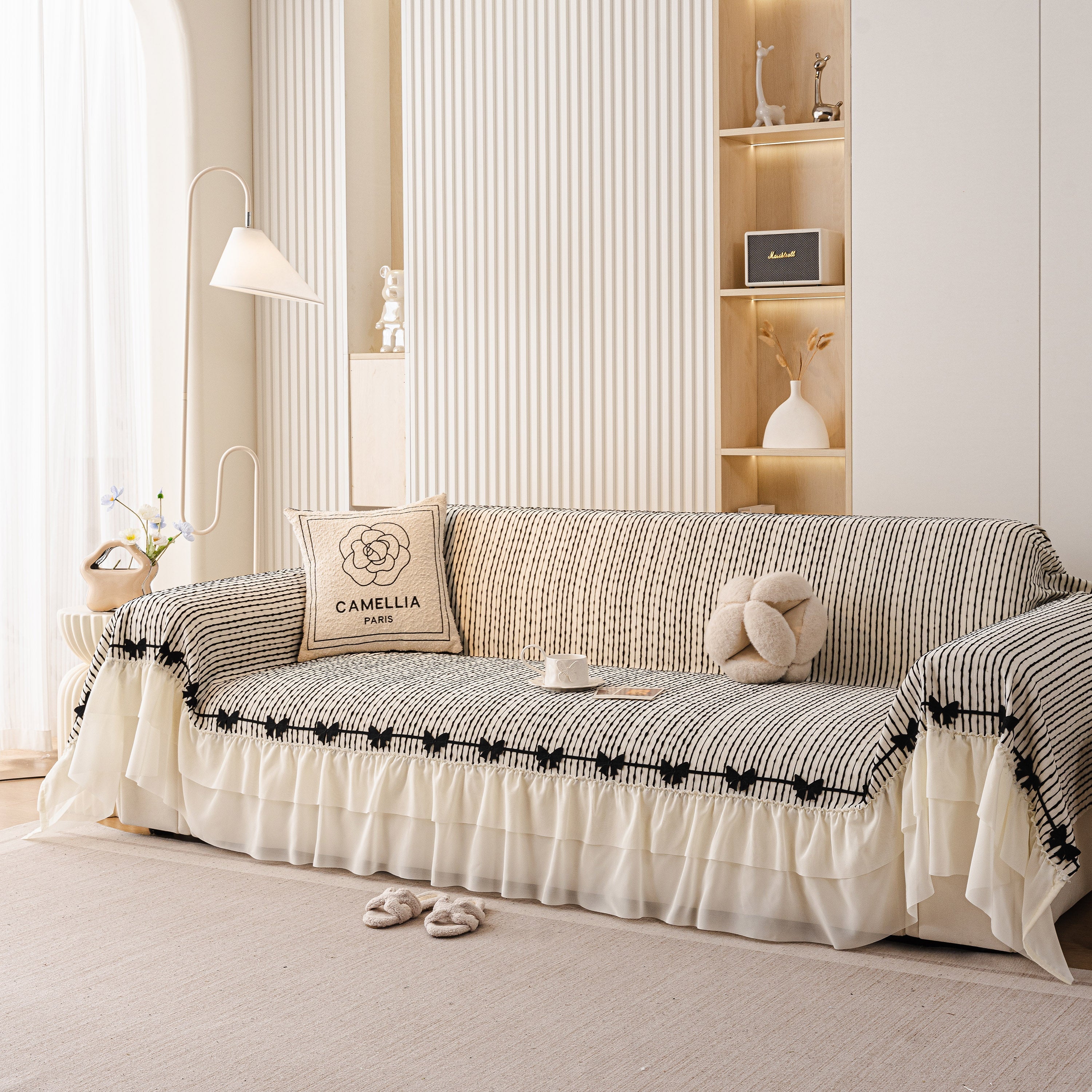 Ruffled Sofa Cover with Bowknot Decor, French Country Style Skirted Couch Slipcover - Image 59