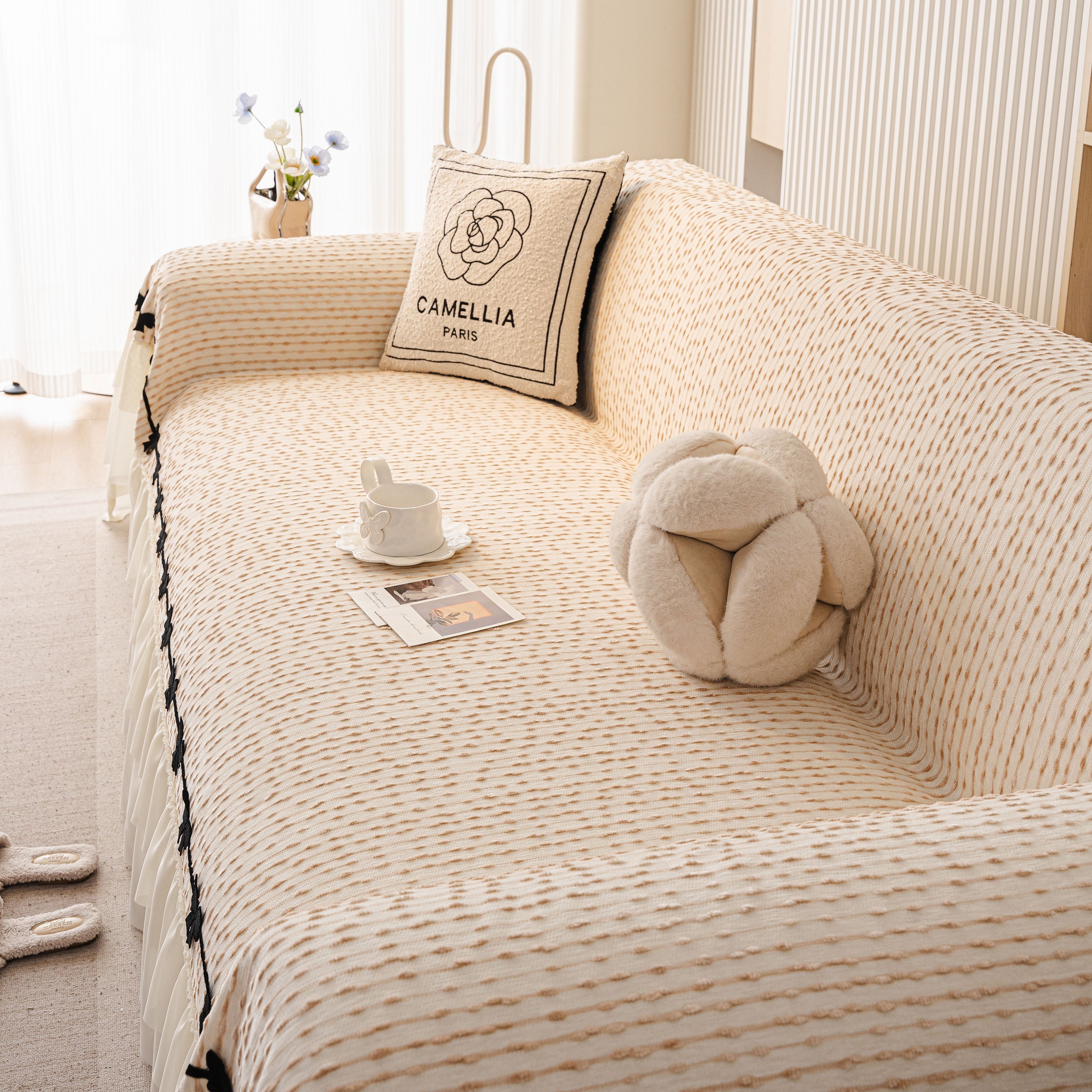 Ruffled Sofa Cover with Bowknot Decor, French Country Style Skirted Couch Slipcover - Image 6