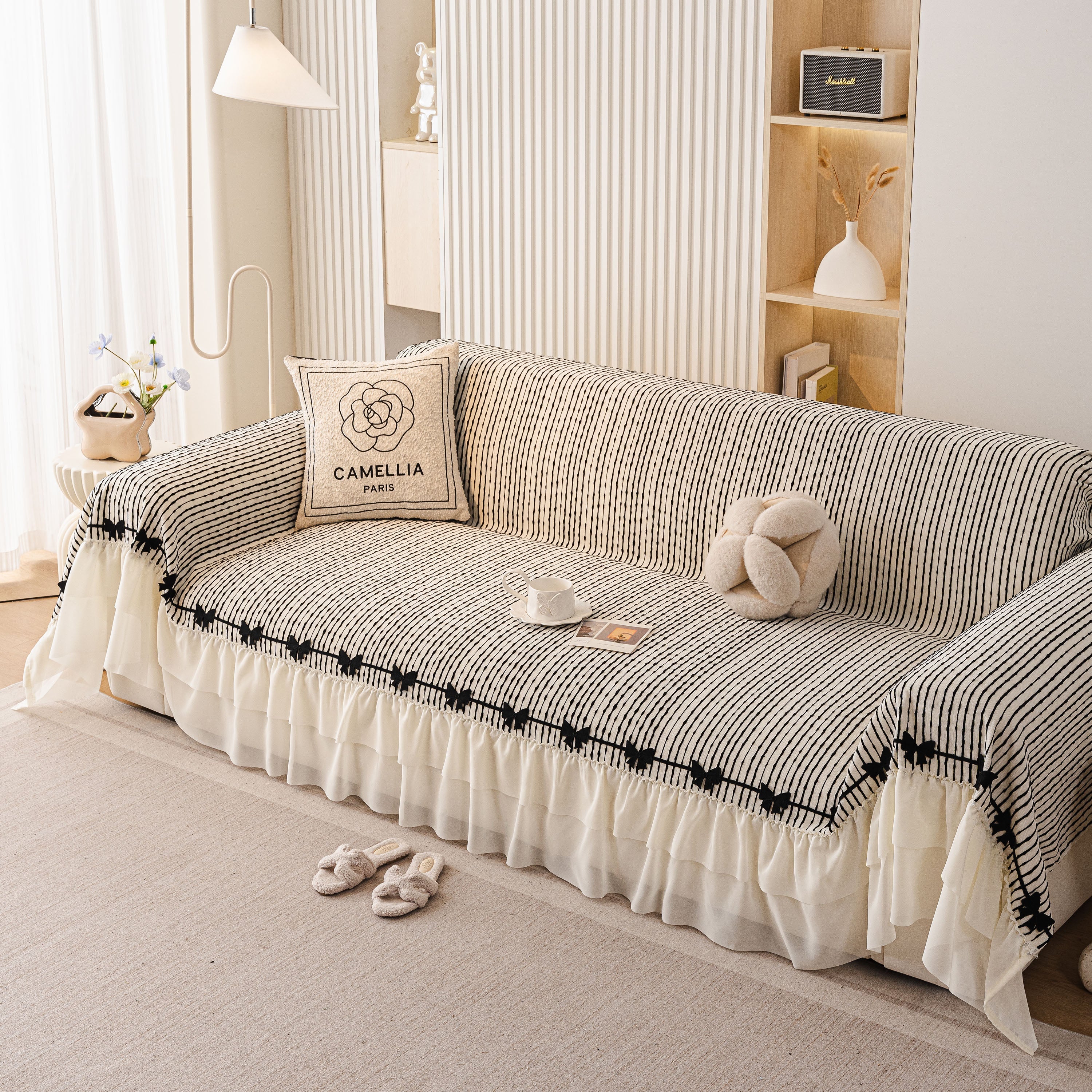 Ruffled Sofa Cover with Bowknot Decor, French Country Style Skirted Couch Slipcover - Image 60