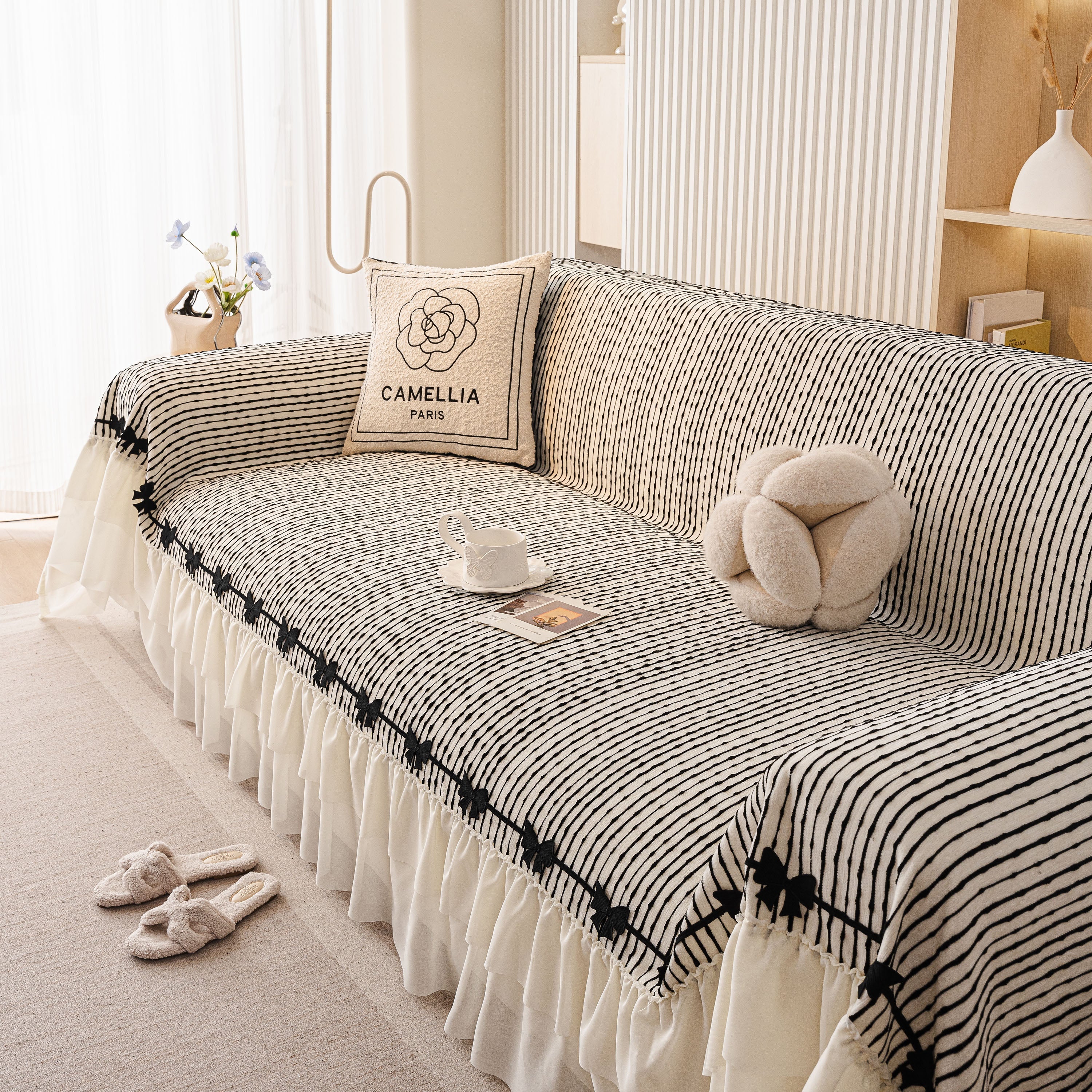 Ruffled Sofa Cover with Bowknot Decor, French Country Style Skirted Couch Slipcover - Image 61
