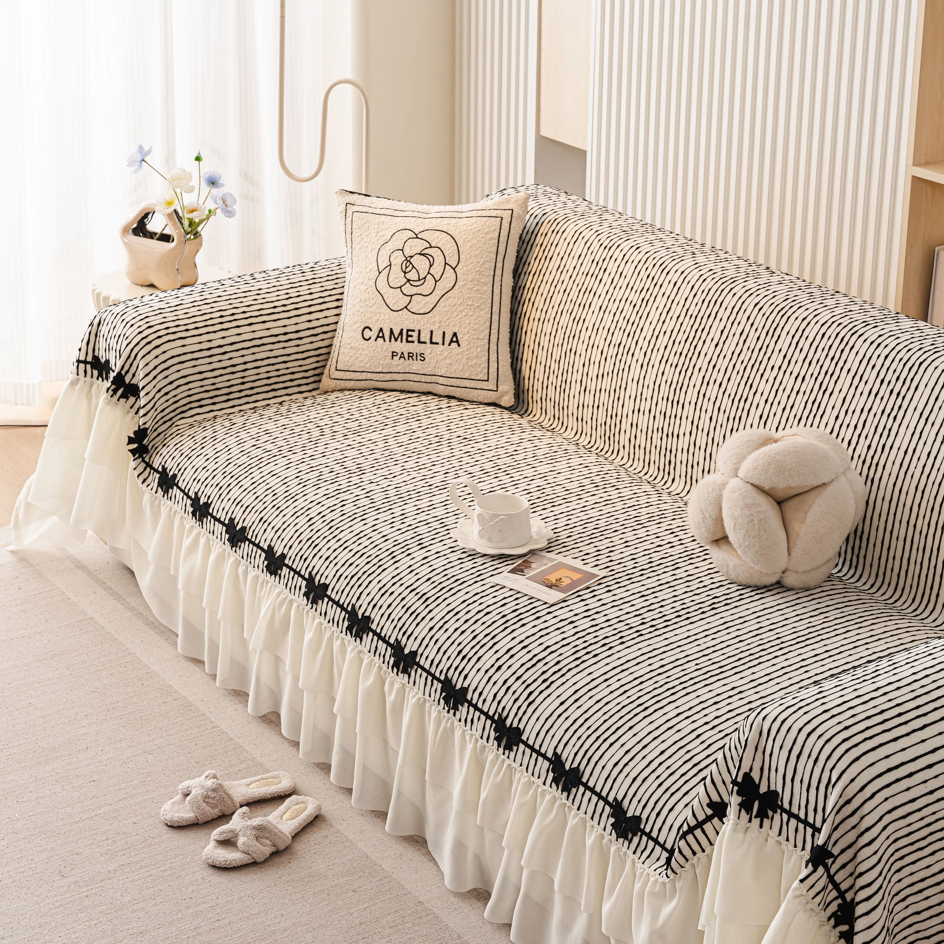 Ruffled Sofa Cover with Bowknot Decor, French Country Style Skirted Couch Slipcover - Image 63