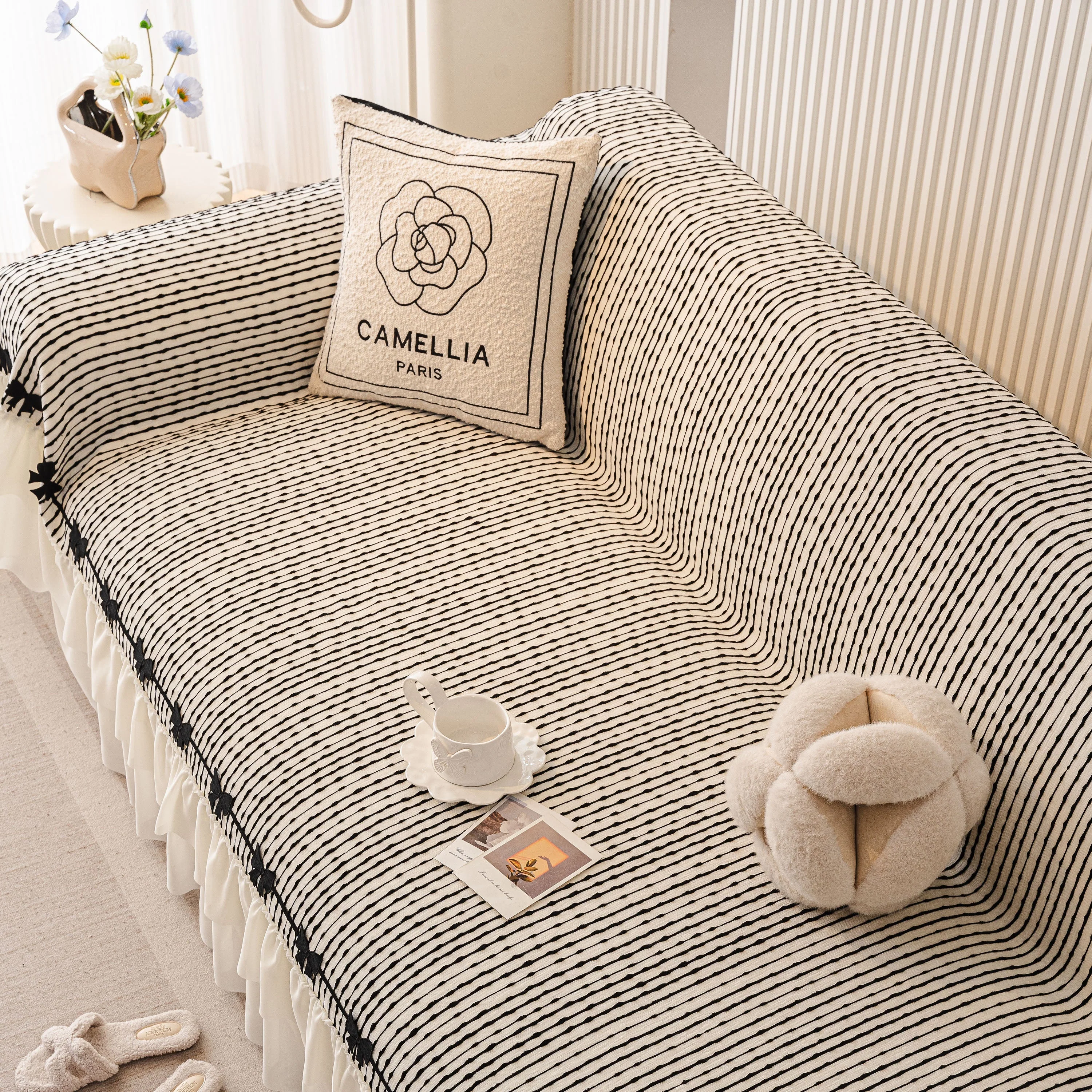 Ruffled Sofa Cover with Bowknot Decor, French Country Style Skirted Couch Slipcover - Image 64