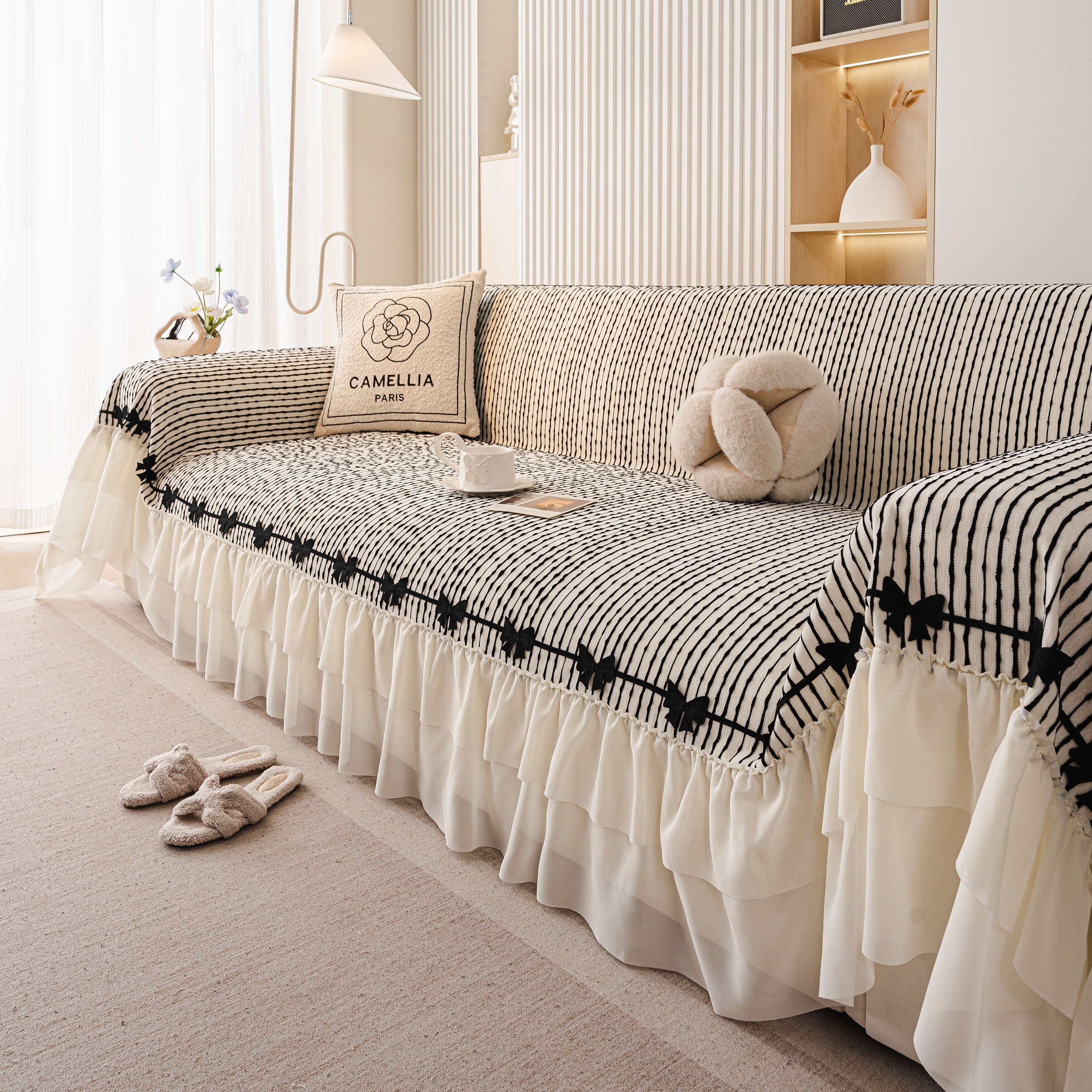 Ruffled Sofa Cover with Bowknot Decor, French Country Style Skirted Couch Slipcover - Image 65