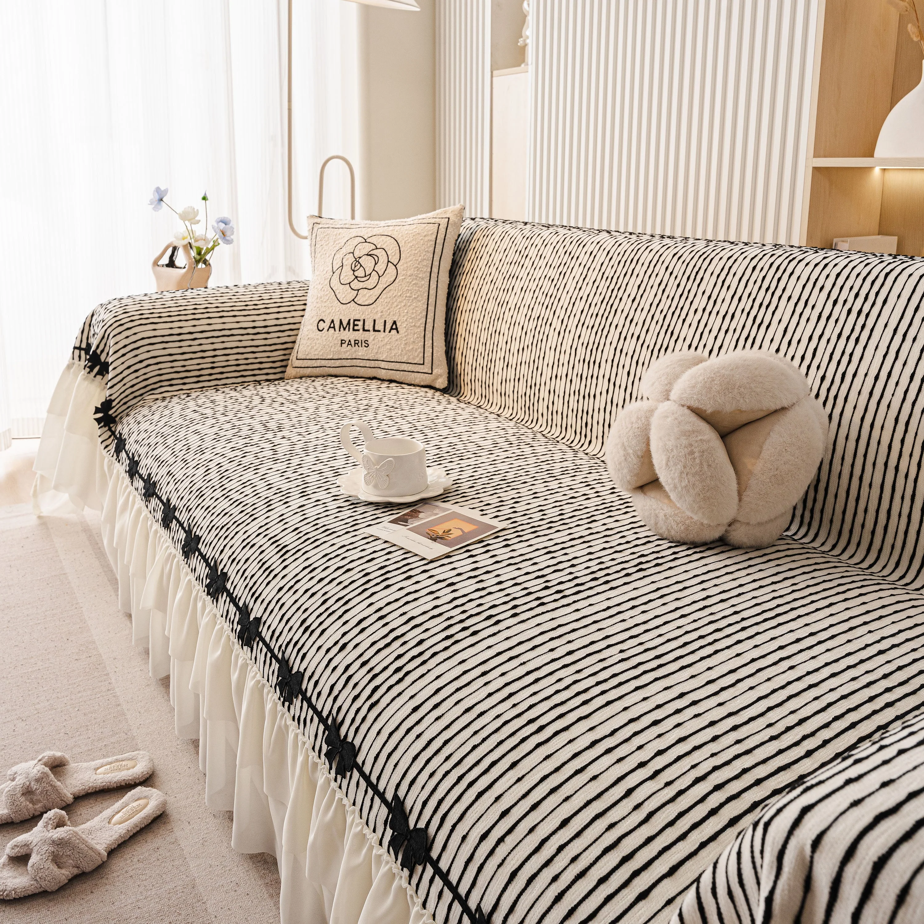 Ruffled Sofa Cover with Bowknot Decor, French Country Style Skirted Couch Slipcover - Image 67
