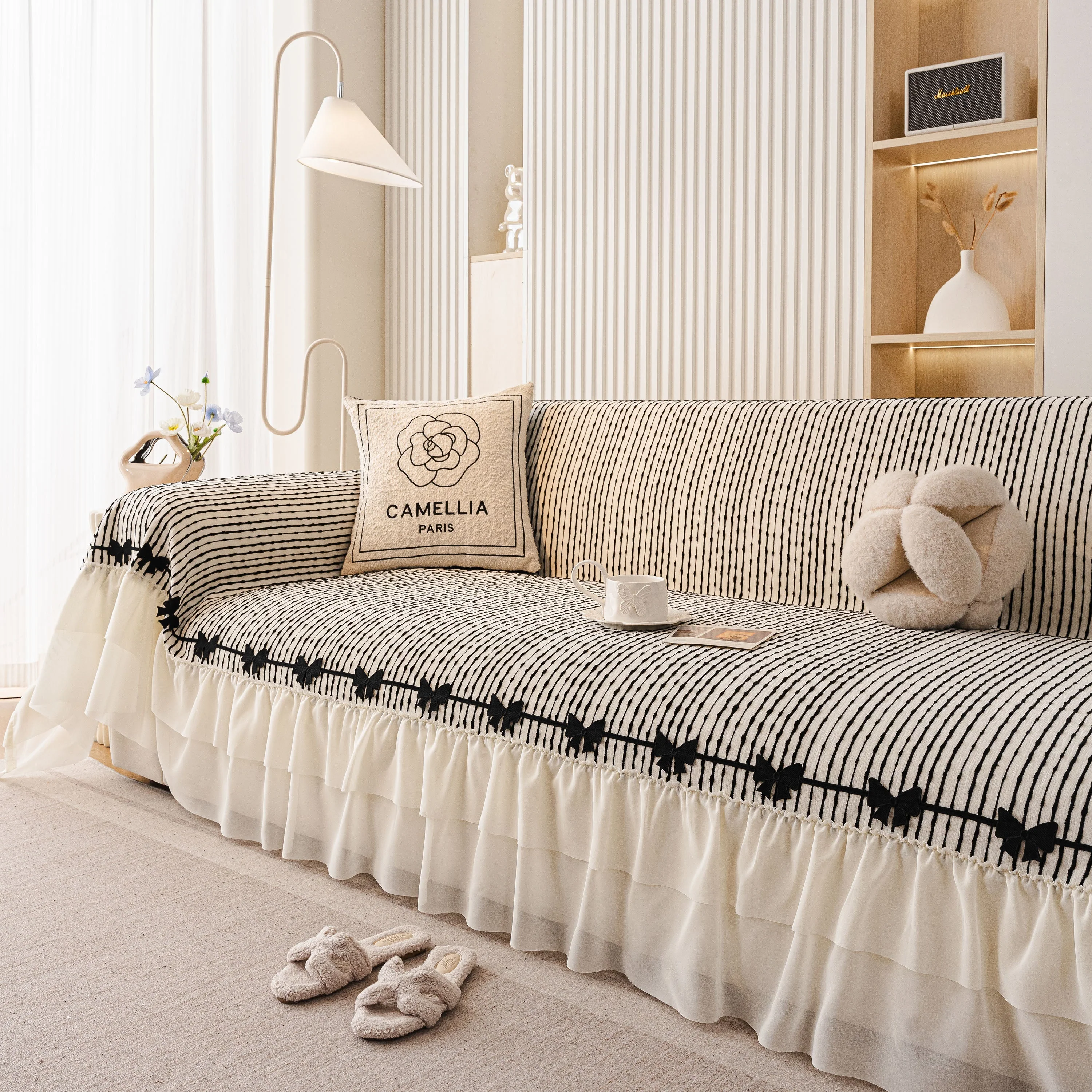 Ruffled Sofa Cover with Bowknot Decor, French Country Style Skirted Couch Slipcover - Image 68