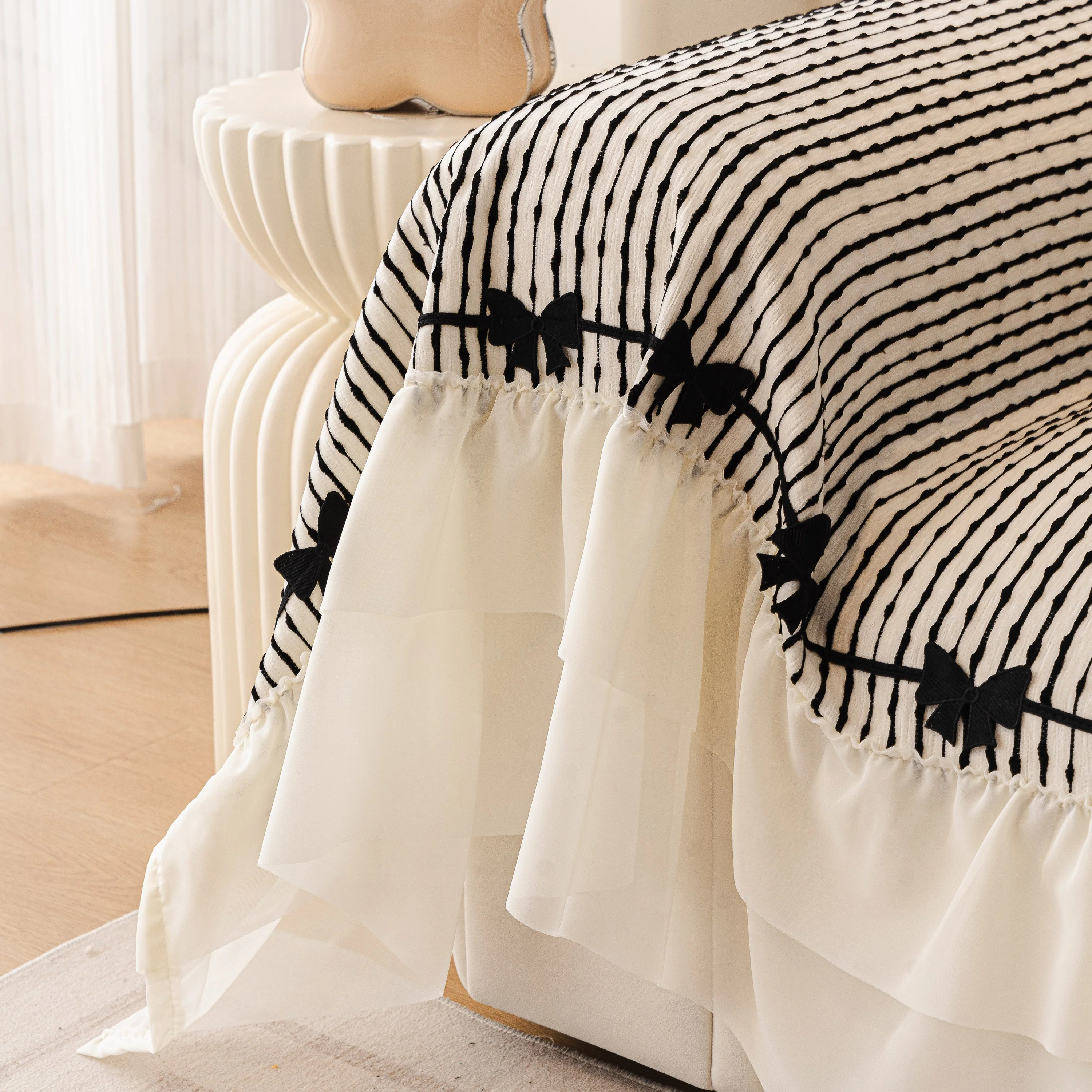 Ruffled Sofa Cover with Bowknot Decor, French Country Style Skirted Couch Slipcover - Image 69