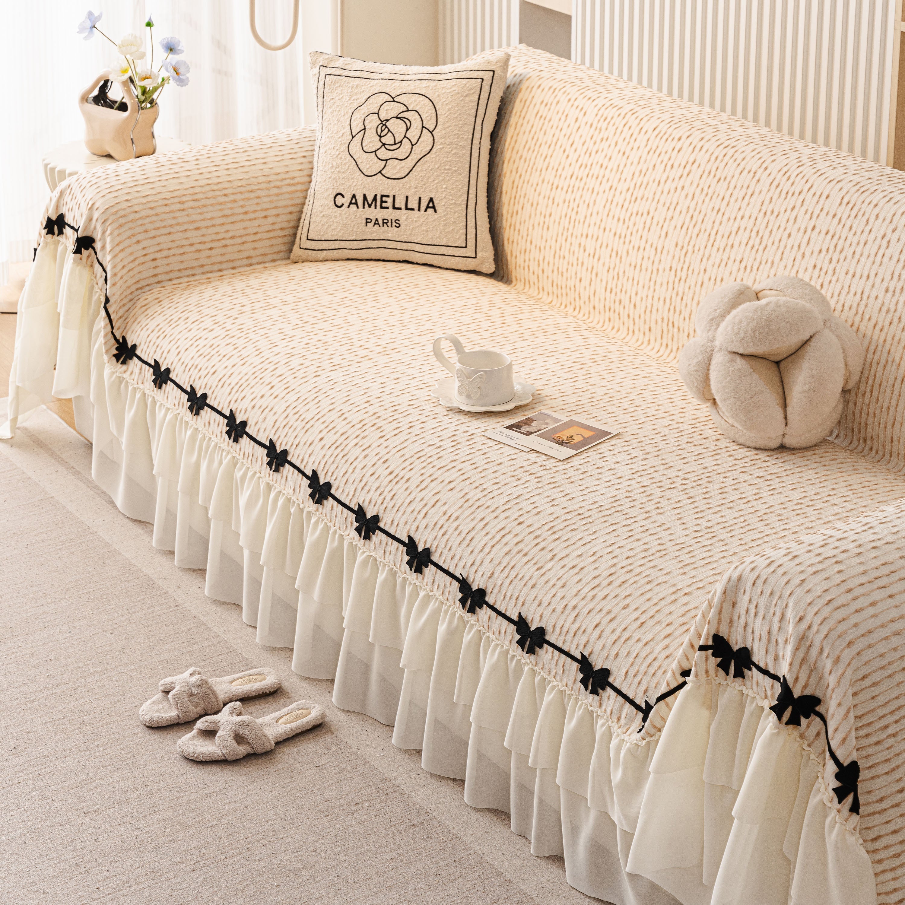 Ruffled Sofa Cover with Bowknot Decor, French Country Style Skirted Couch Slipcover - Image 7