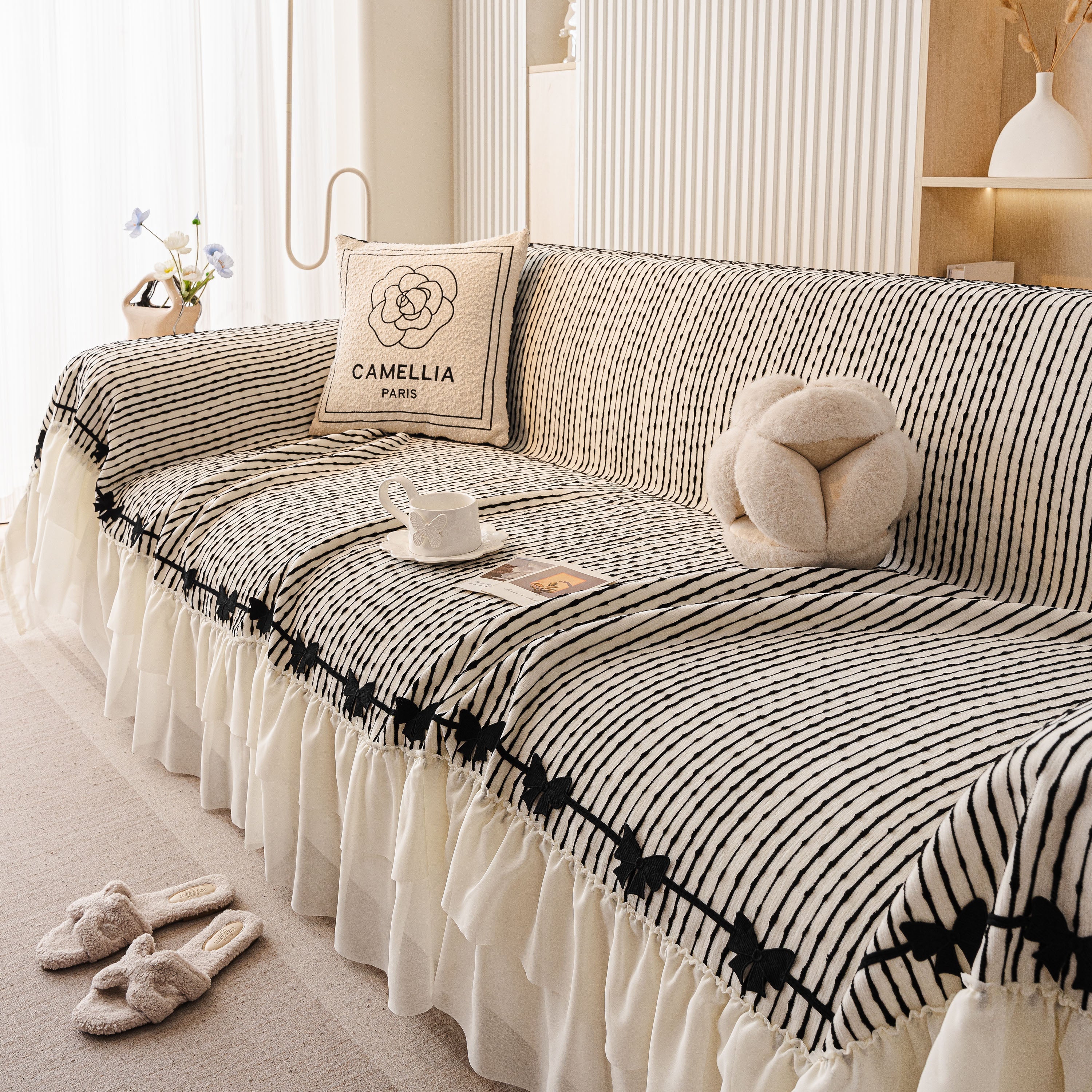 Ruffled Sofa Cover with Bowknot Decor, French Country Style Skirted Couch Slipcover - Image 70
