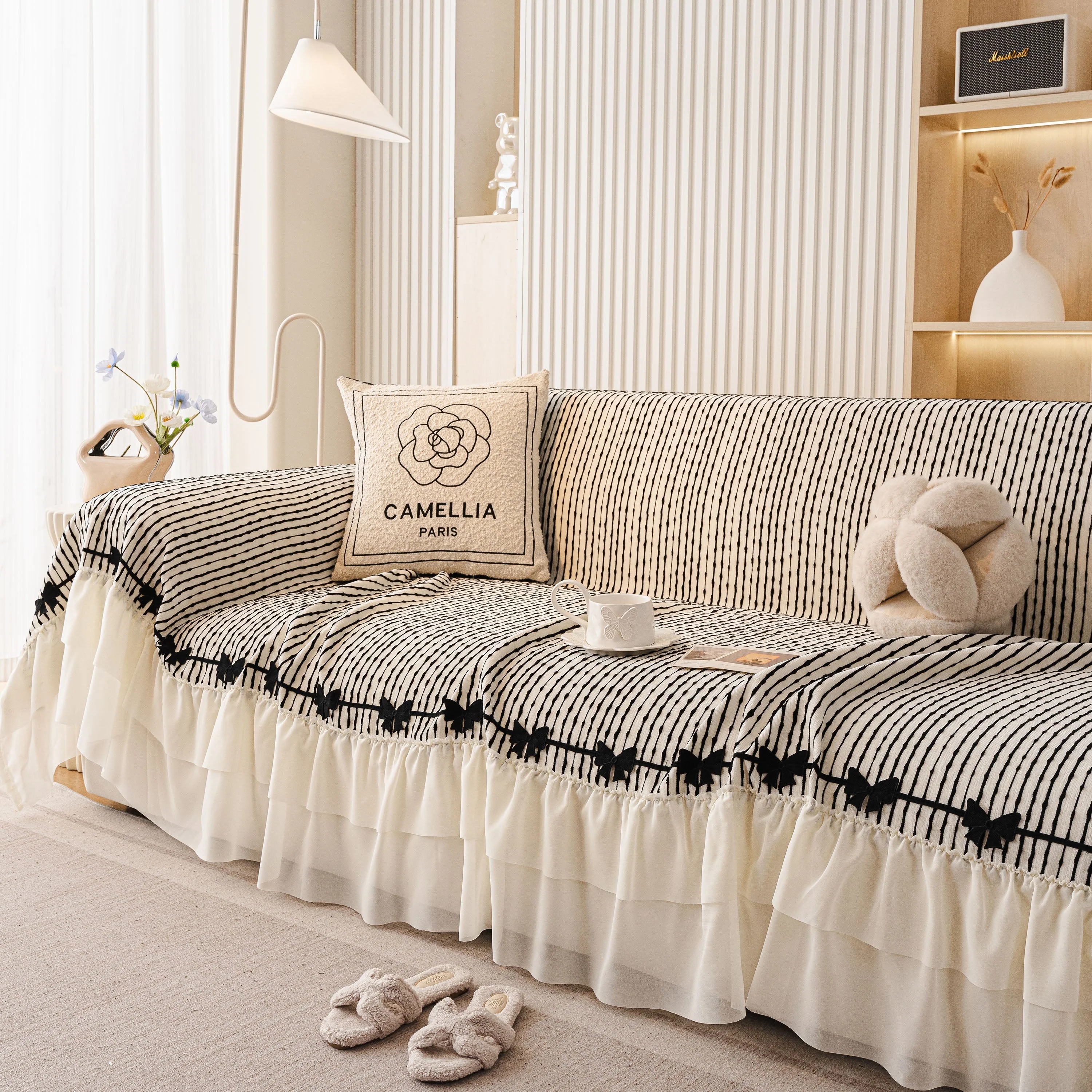 Ruffled Sofa Cover with Bowknot Decor, French Country Style Skirted Couch Slipcover - Image 71