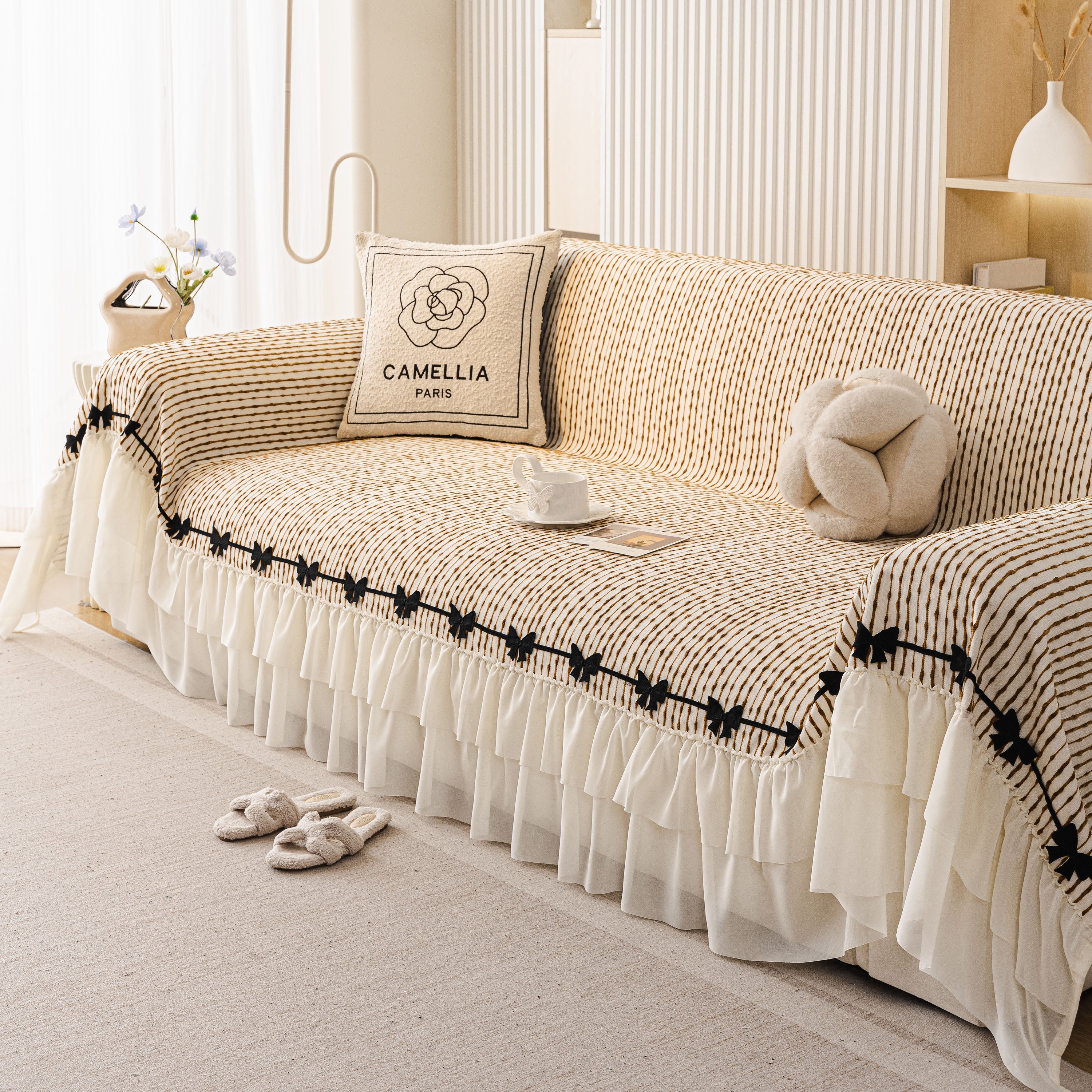 Ruffled Sofa Cover with Bowknot Decor, French Country Style Skirted Couch Slipcover - Image 75