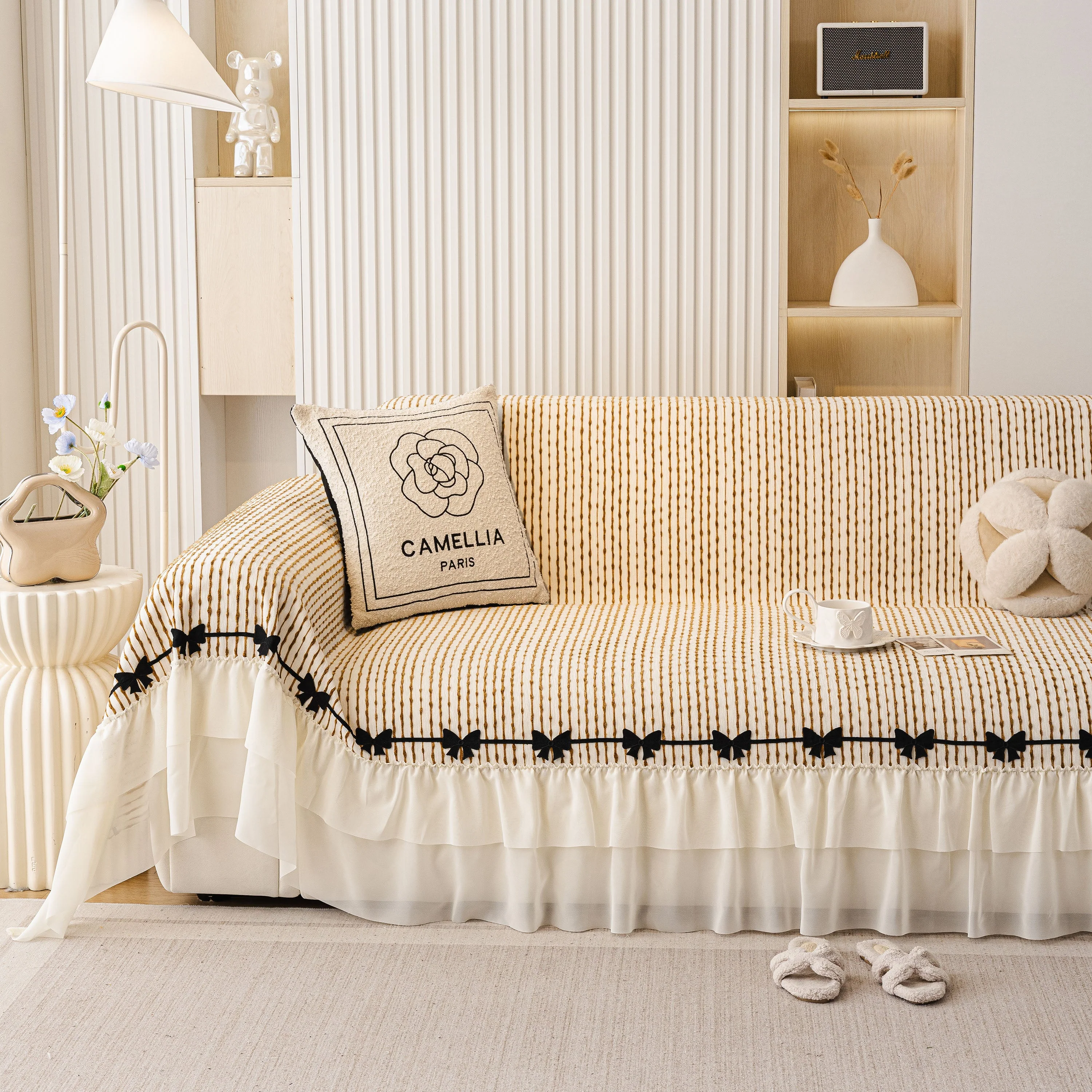 Ruffled Sofa Cover with Bowknot Decor, French Country Style Skirted Couch Slipcover - Image 76