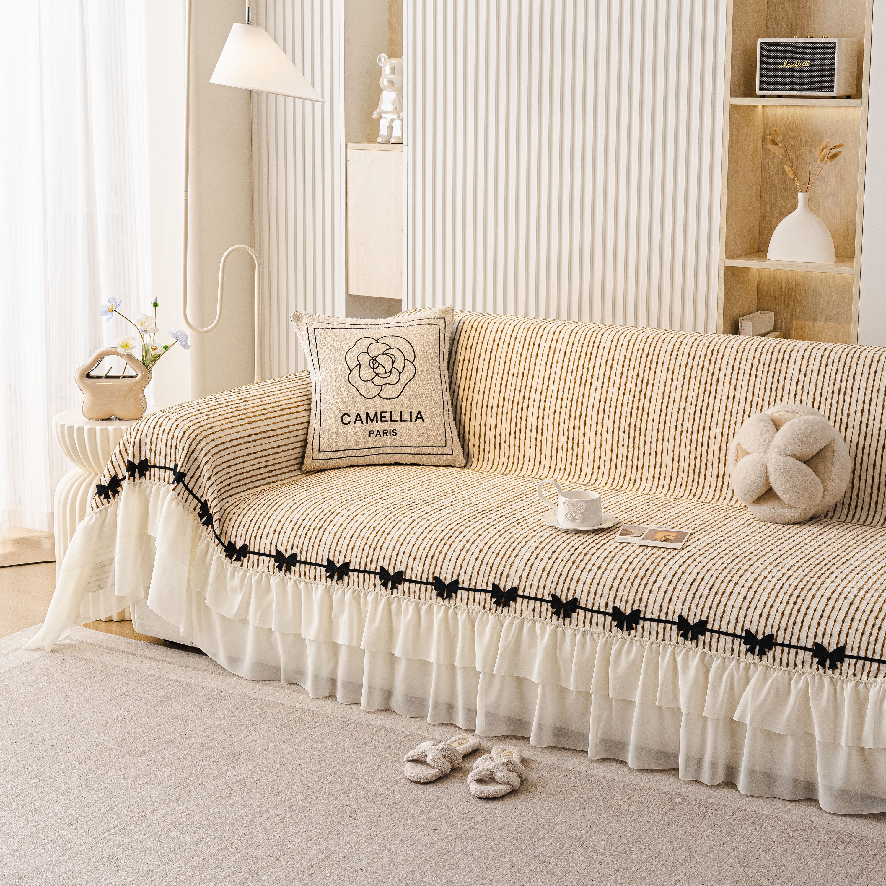 Ruffled Sofa Cover with Bowknot Decor, French Country Style Skirted Couch Slipcover - Image 77