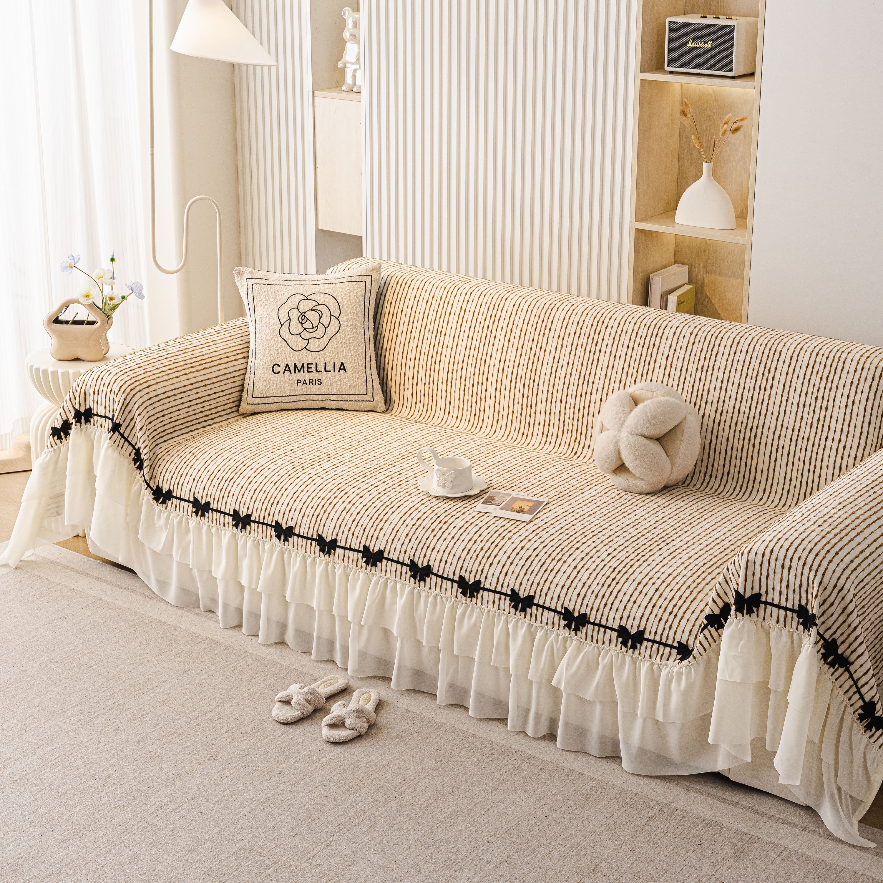 Ruffled Sofa Cover with Bowknot Decor, French Country Style Skirted Couch Slipcover - Image 78