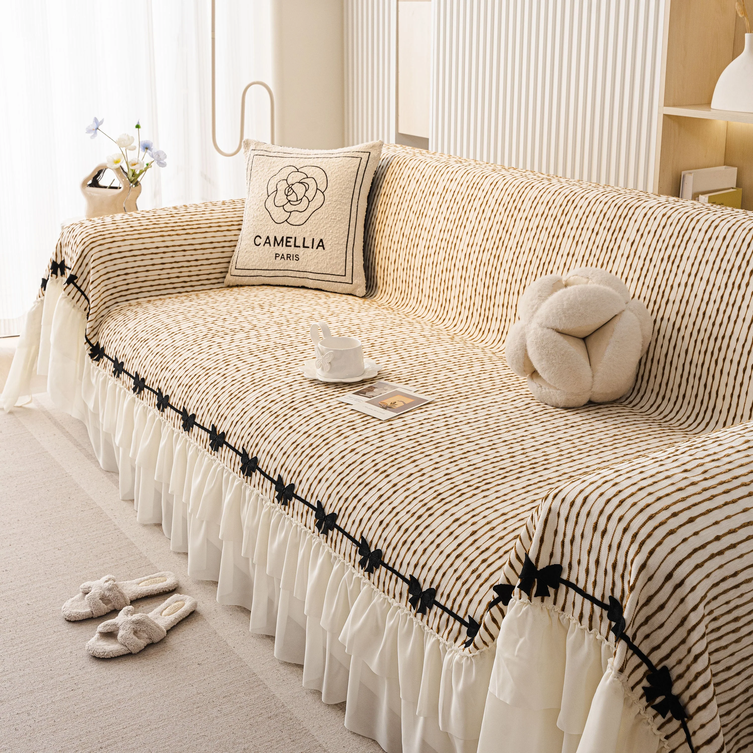 Ruffled Sofa Cover with Bowknot Decor, French Country Style Skirted Couch Slipcover - Image 79
