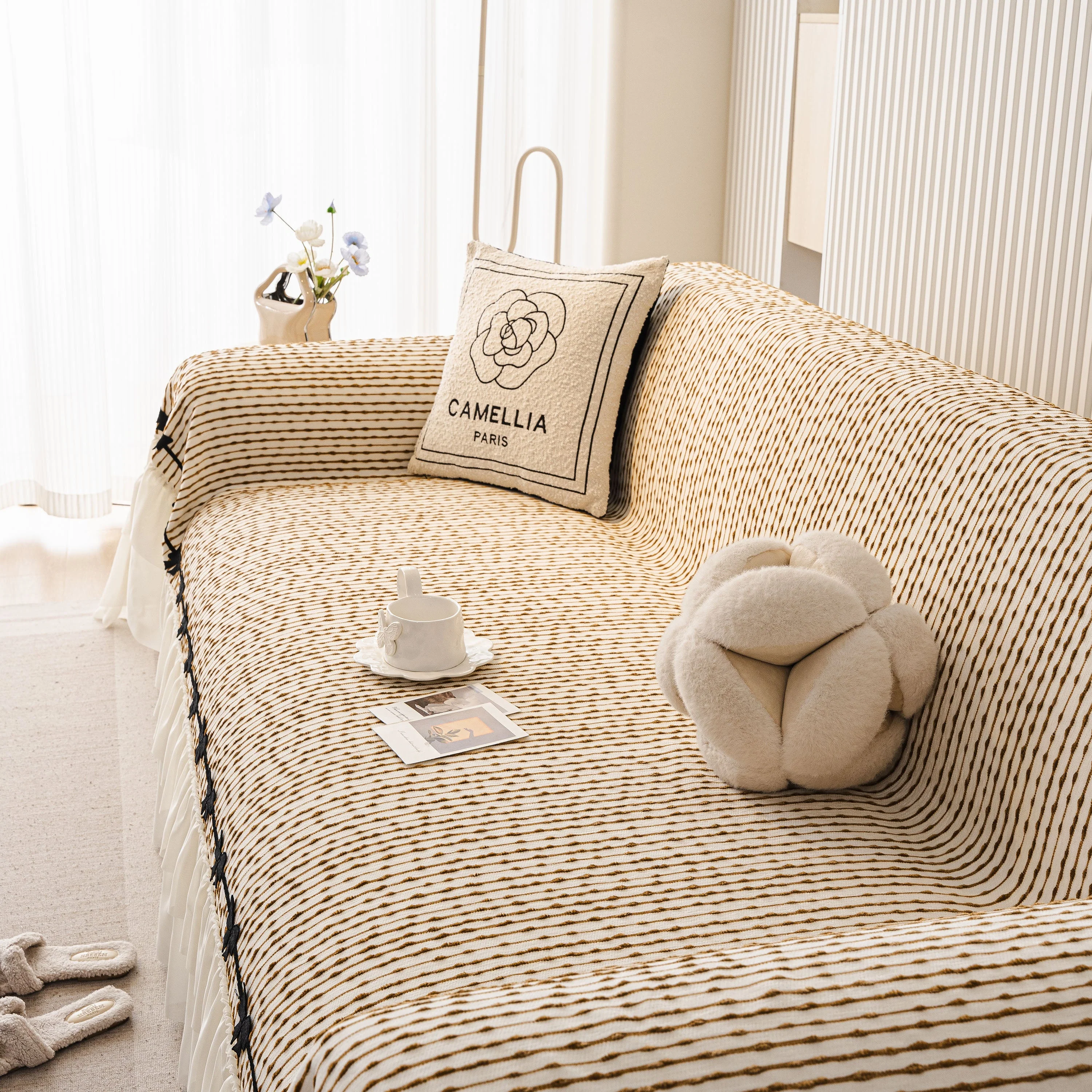 Ruffled Sofa Cover with Bowknot Decor, French Country Style Skirted Couch Slipcover - Image 80