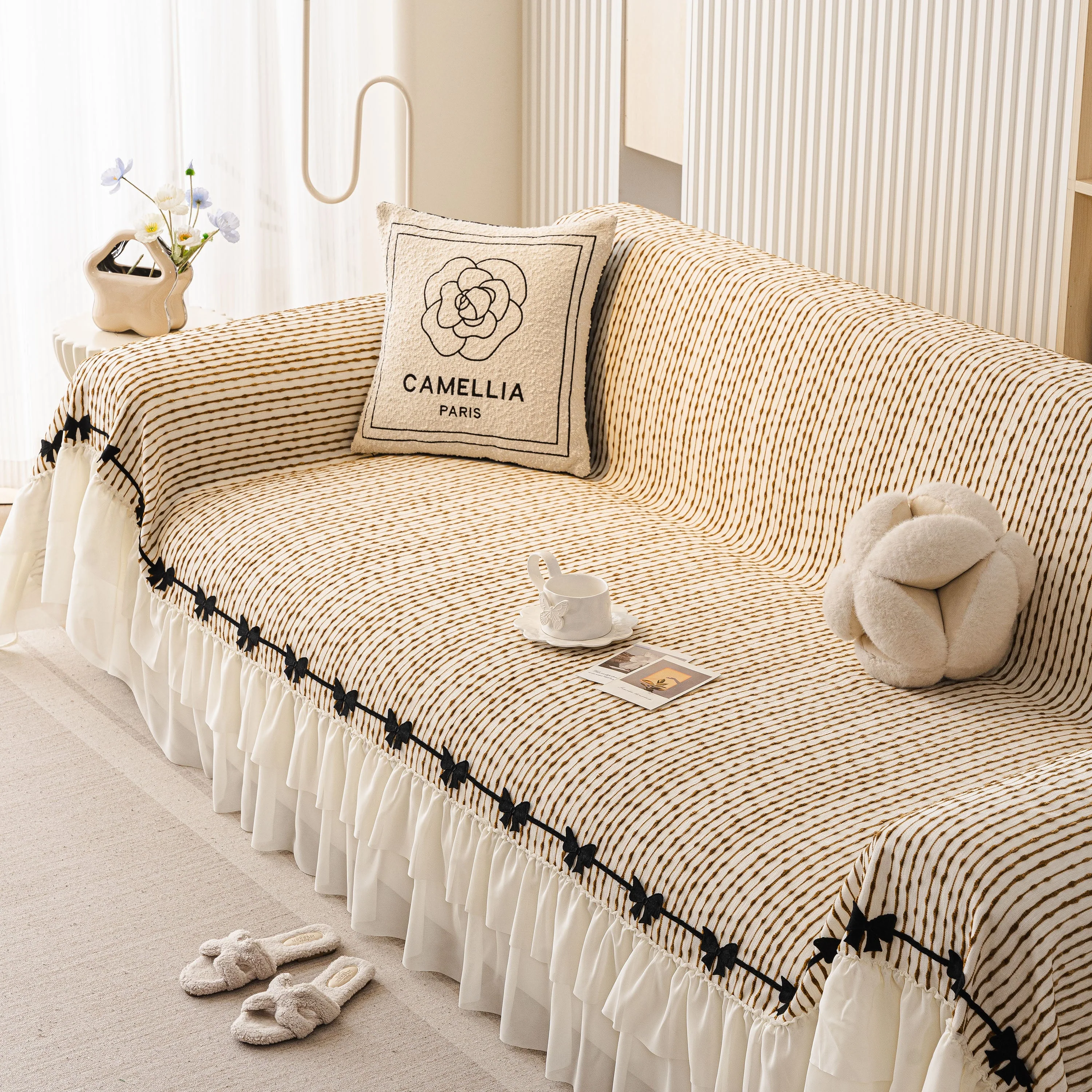 Ruffled Sofa Cover with Bowknot Decor, French Country Style Skirted Couch Slipcover - Image 81