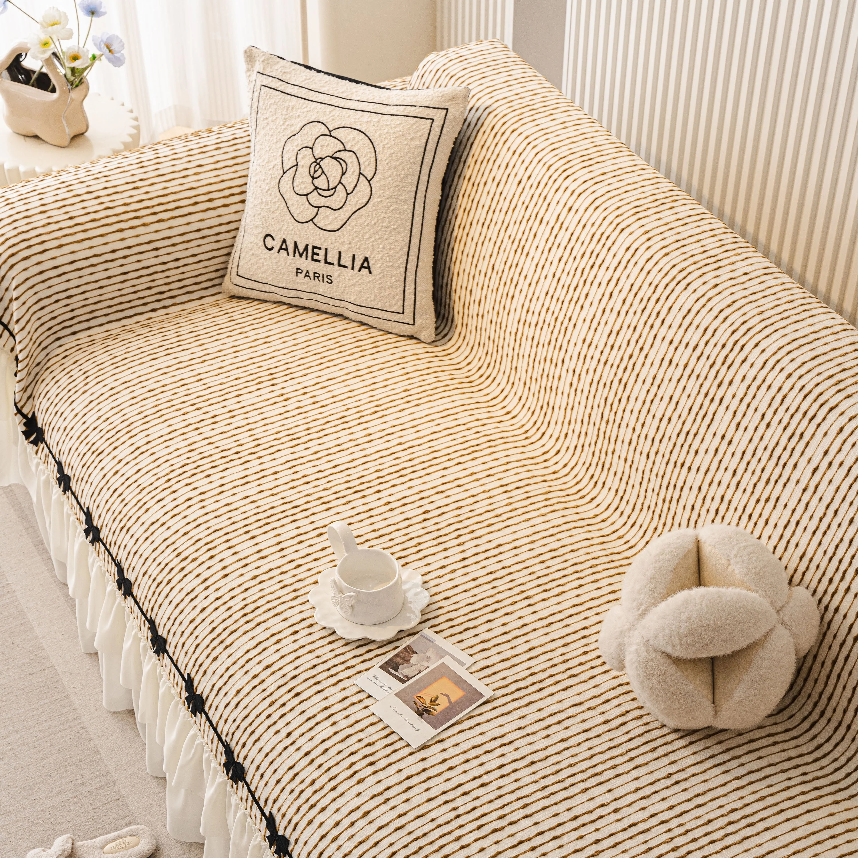 Ruffled Sofa Cover with Bowknot Decor, French Country Style Skirted Couch Slipcover - Image 82