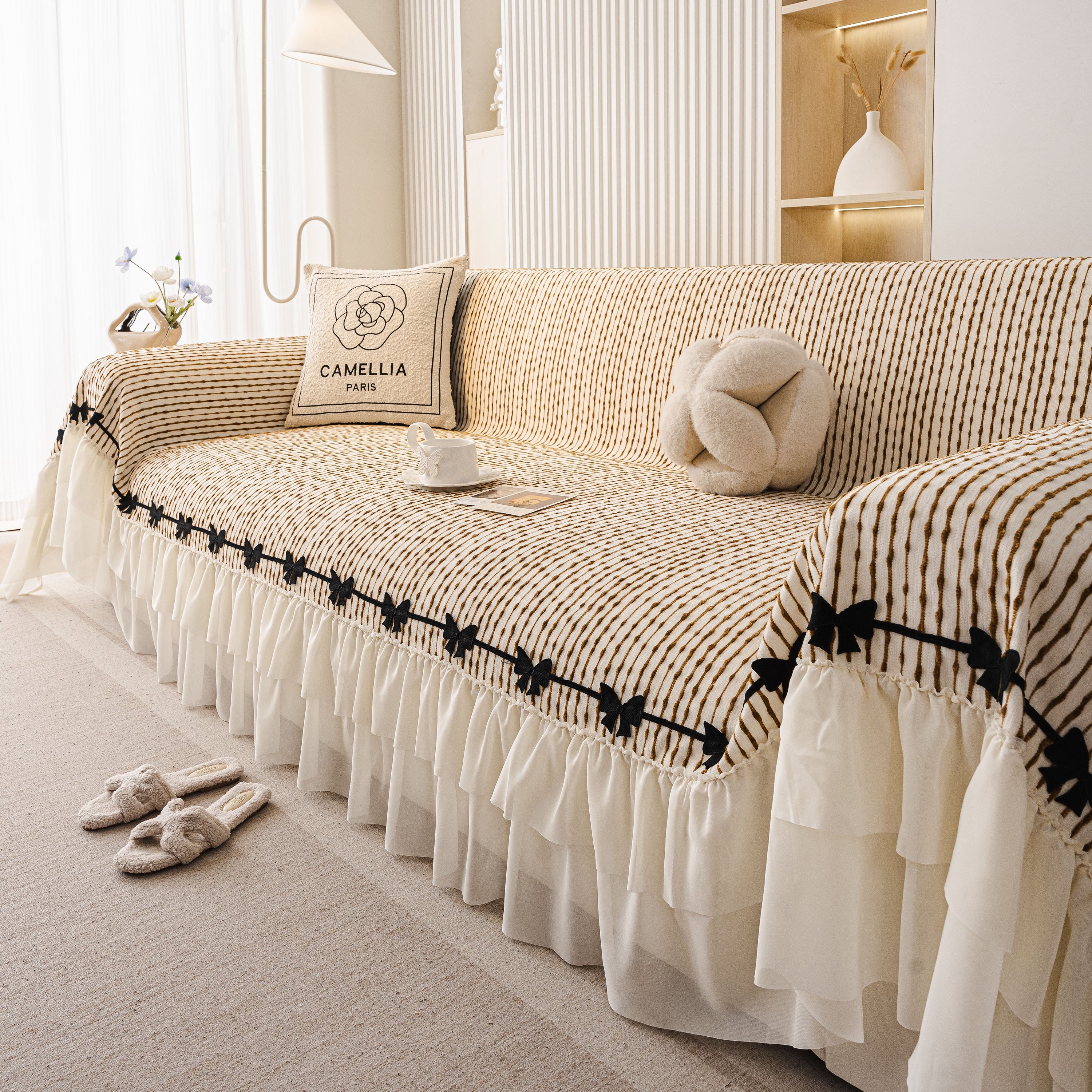 Ruffled Sofa Cover with Bowknot Decor, French Country Style Skirted Couch Slipcover - Image 83