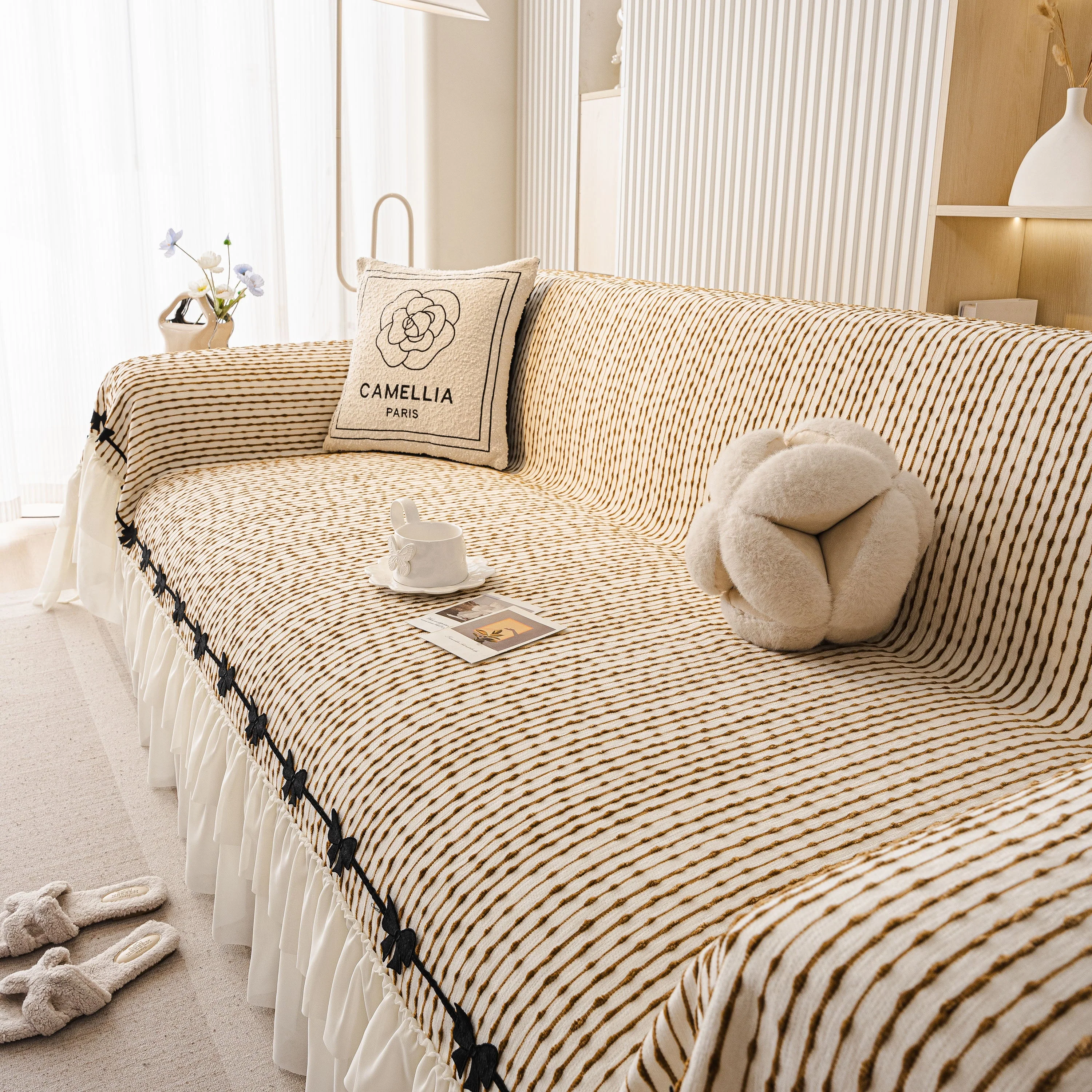 Ruffled Sofa Cover with Bowknot Decor, French Country Style Skirted Couch Slipcover - Image 84
