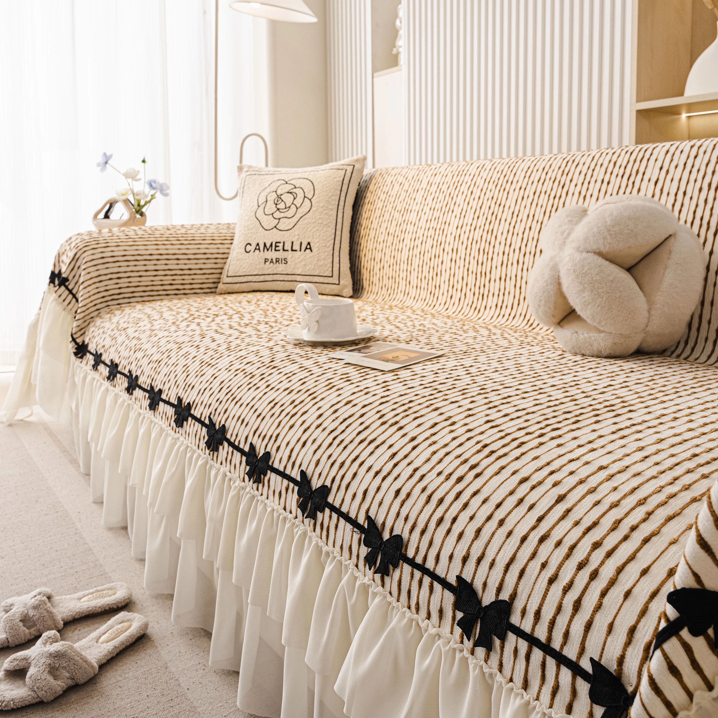 Ruffled Sofa Cover with Bowknot Decor, French Country Style Skirted Couch Slipcover - Image 85