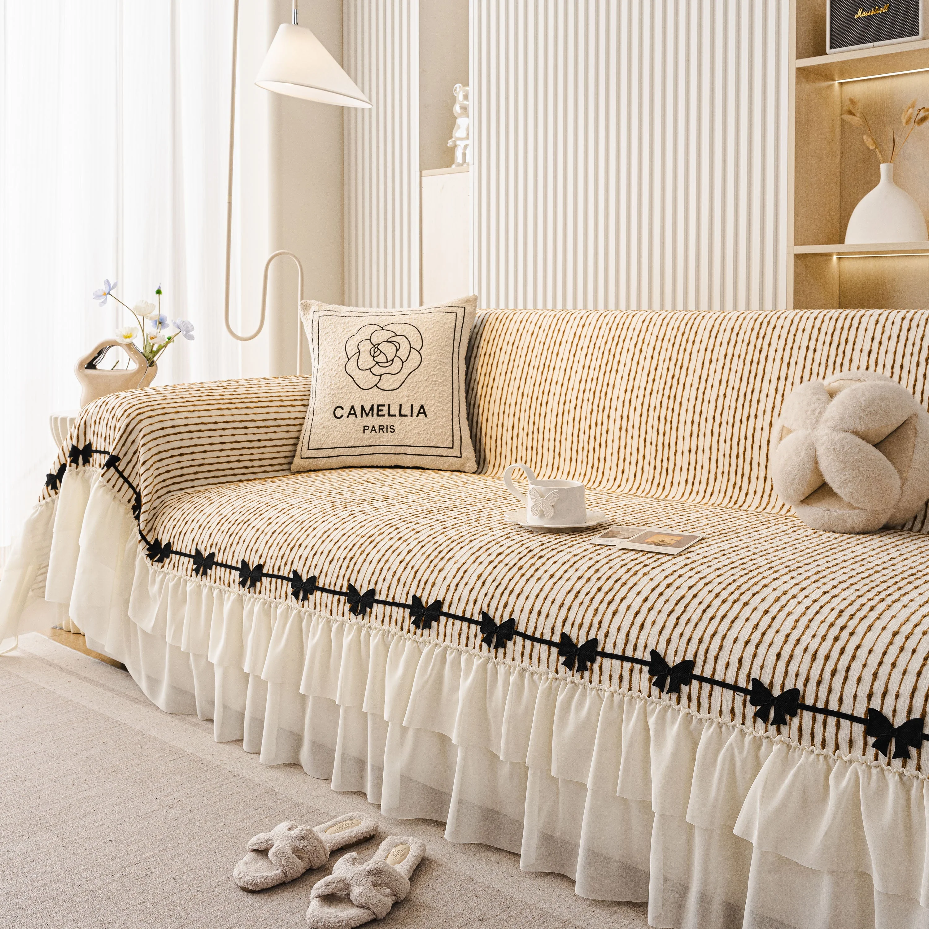 Ruffled Sofa Cover with Bowknot Decor, French Country Style Skirted Couch Slipcover - Image 86