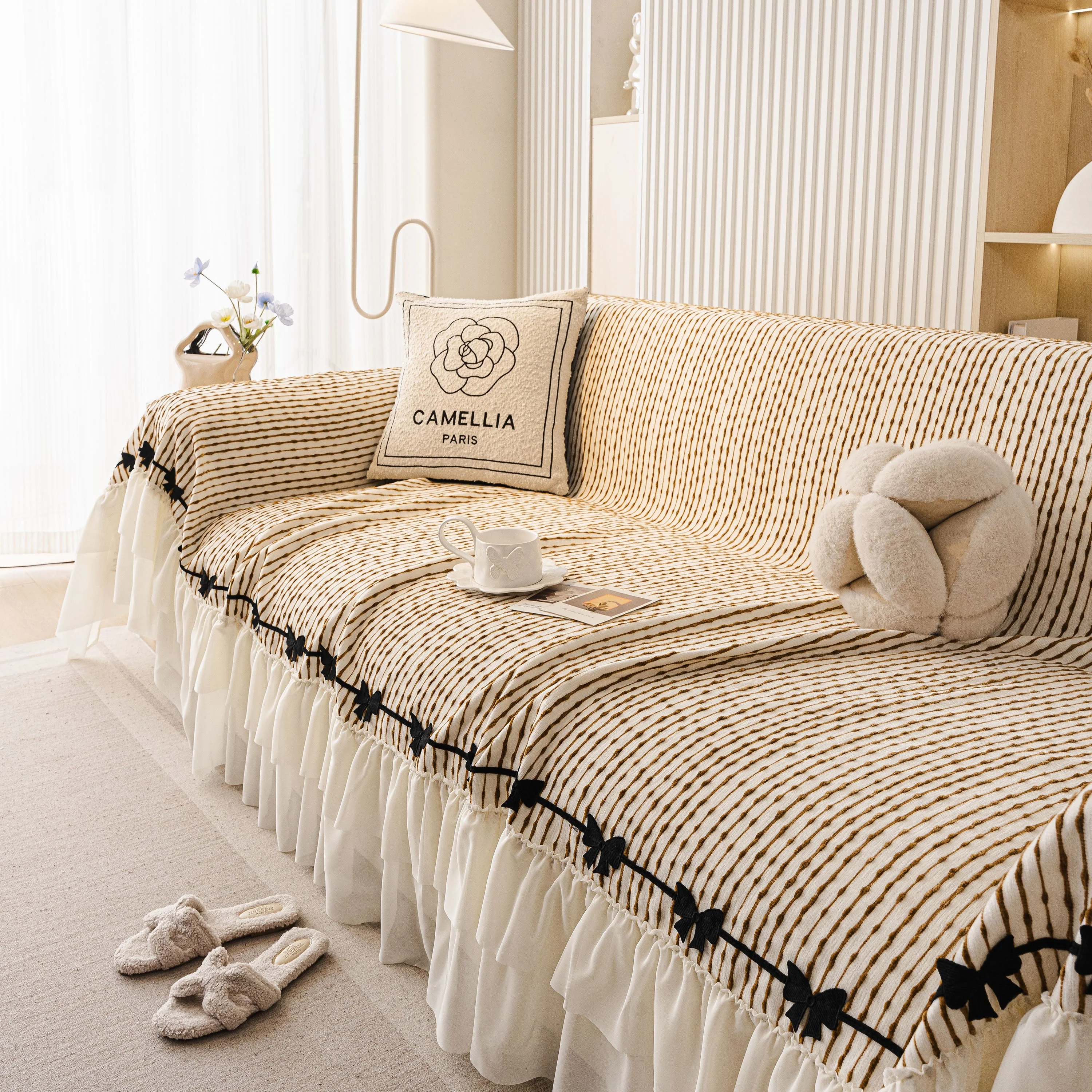 Ruffled Sofa Cover with Bowknot Decor, French Country Style Skirted Couch Slipcover - Image 88
