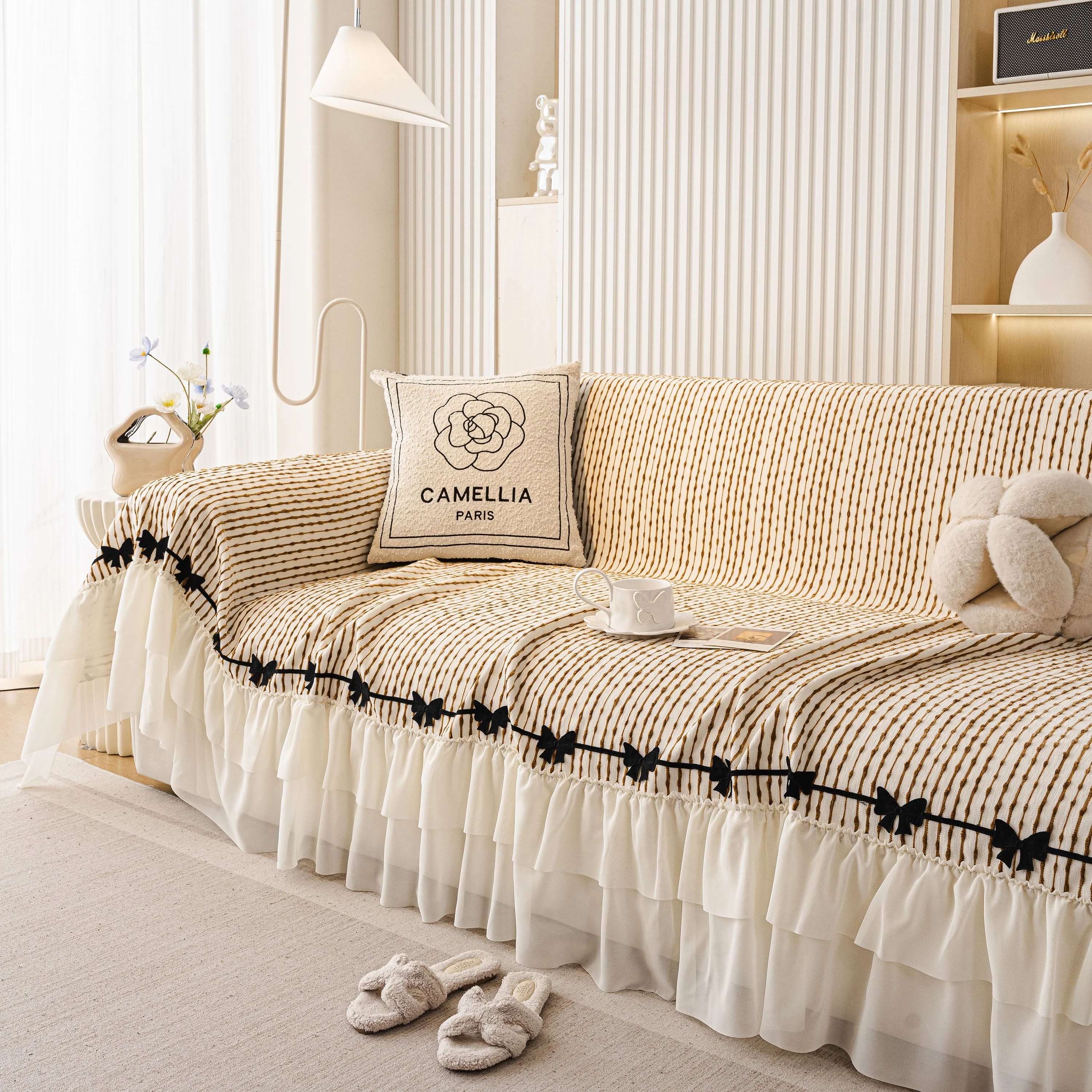 Ruffled Sofa Cover with Bowknot Decor, French Country Style Skirted Couch Slipcover - Image 89