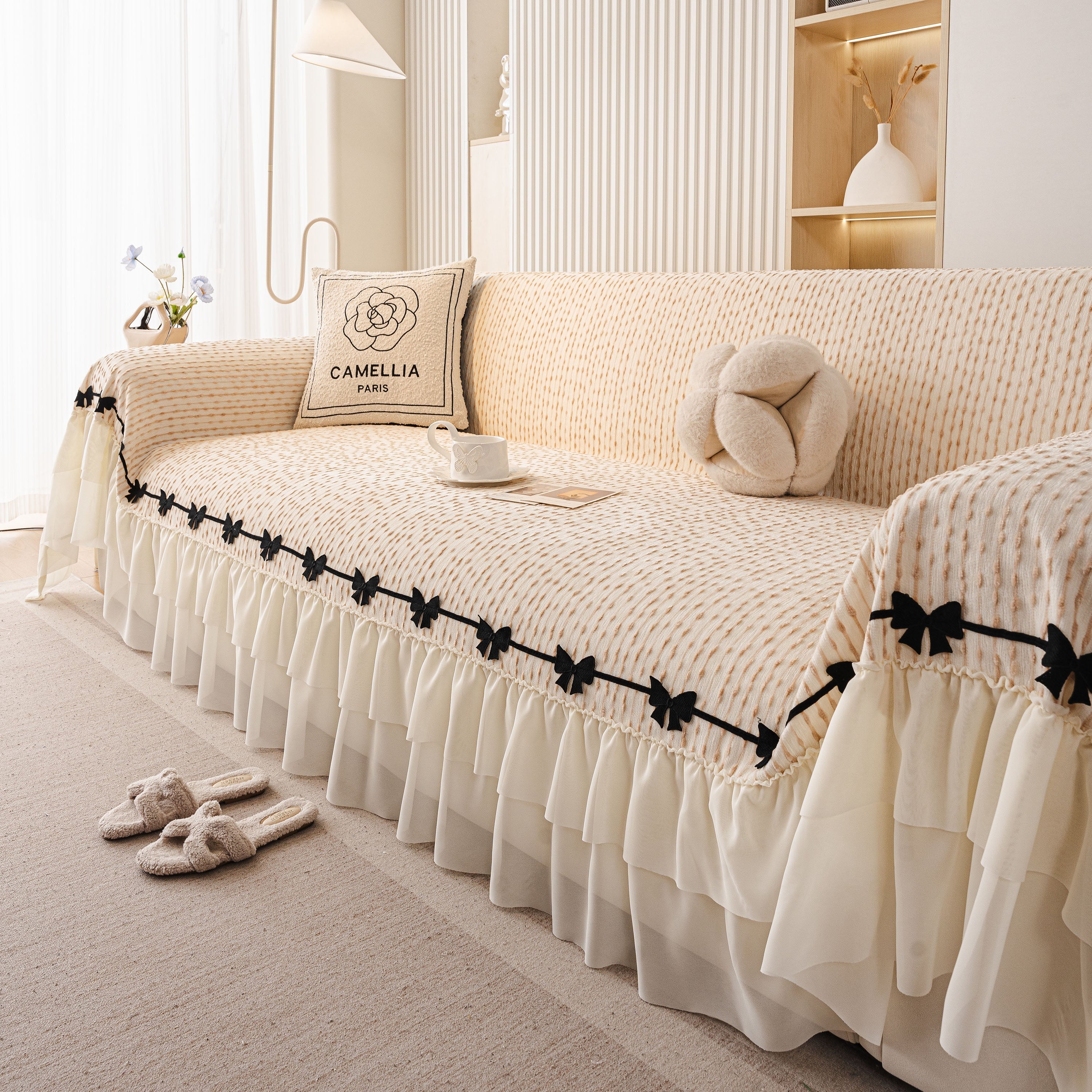Ruffled Sofa Cover with Bowknot Decor, French Country Style Skirted Couch Slipcover - Image 9
