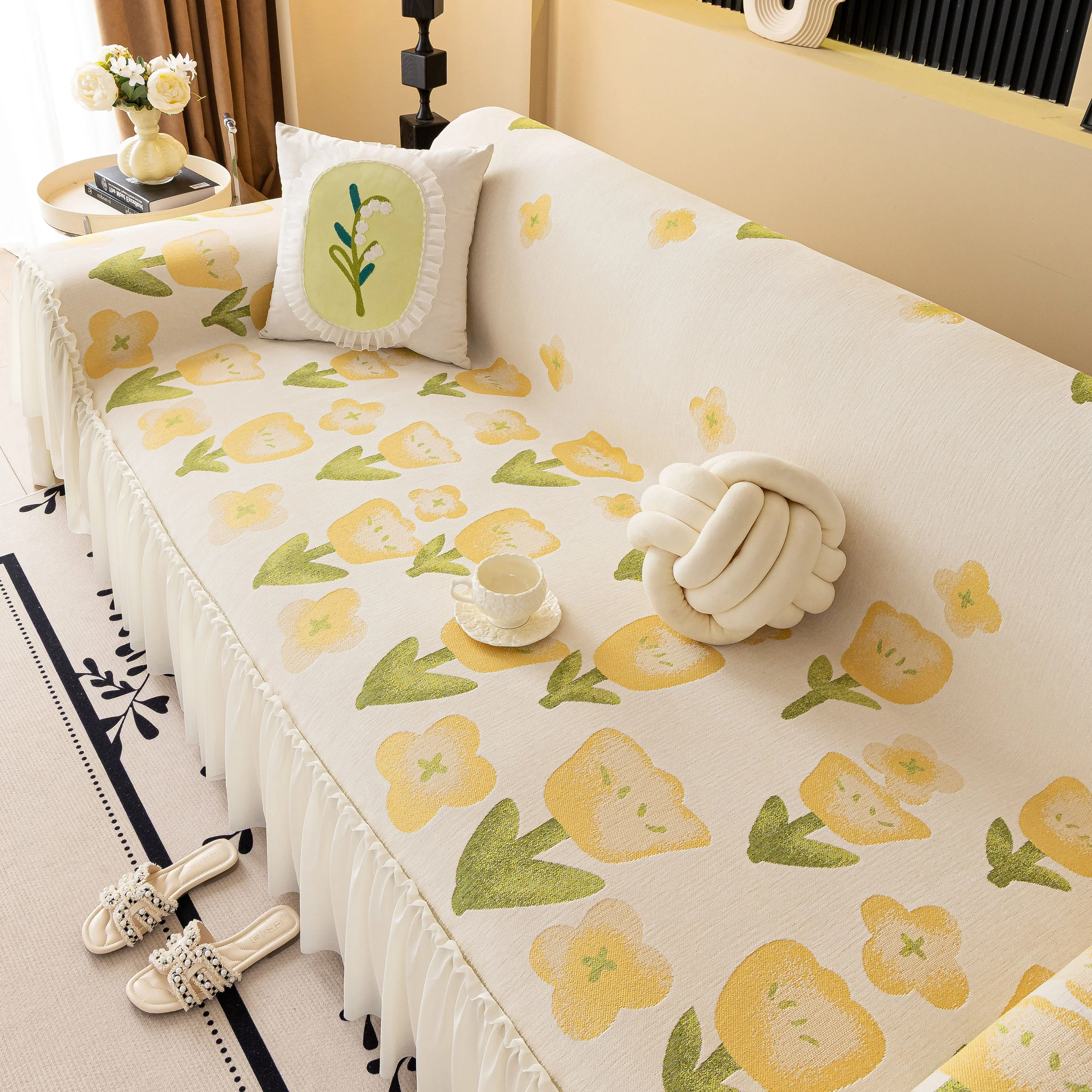 Ruffled Sweet Floral Sofa Cover with Skirt, Soft and Decorative Couch Throw Cover - Image 10
