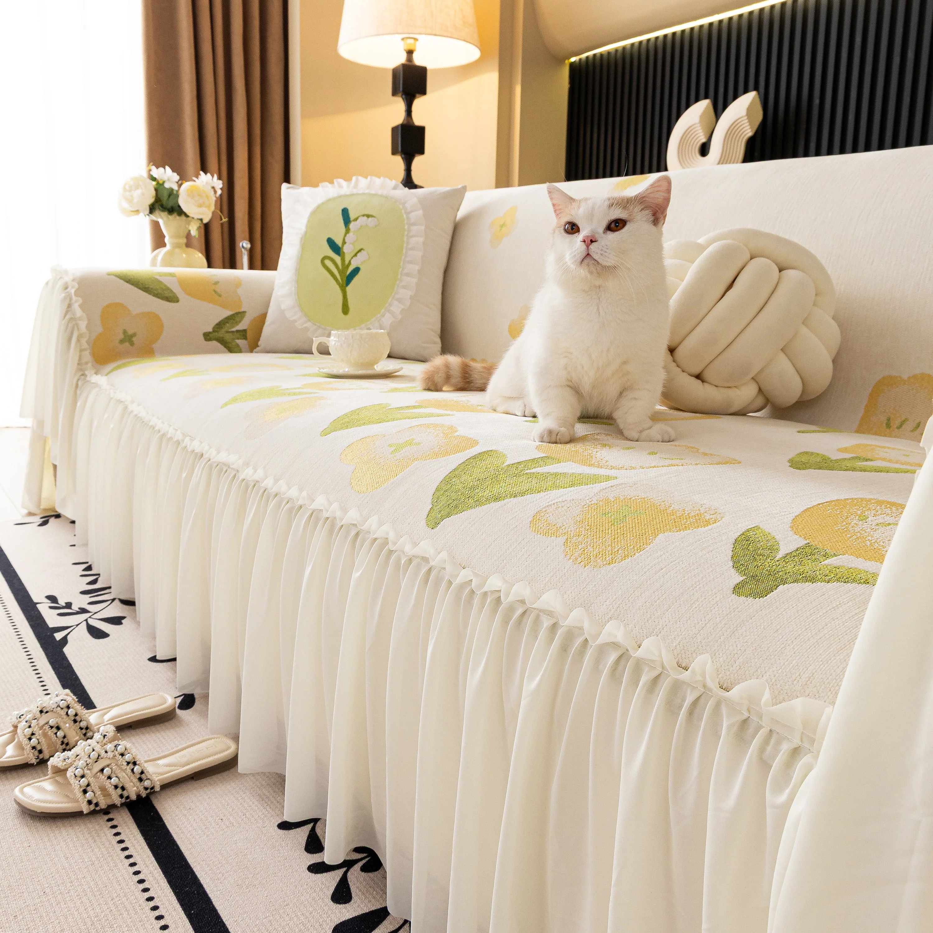 Ruffled Sweet Floral Sofa Cover with Skirt, Soft and Decorative Couch Throw Cover - Image 11