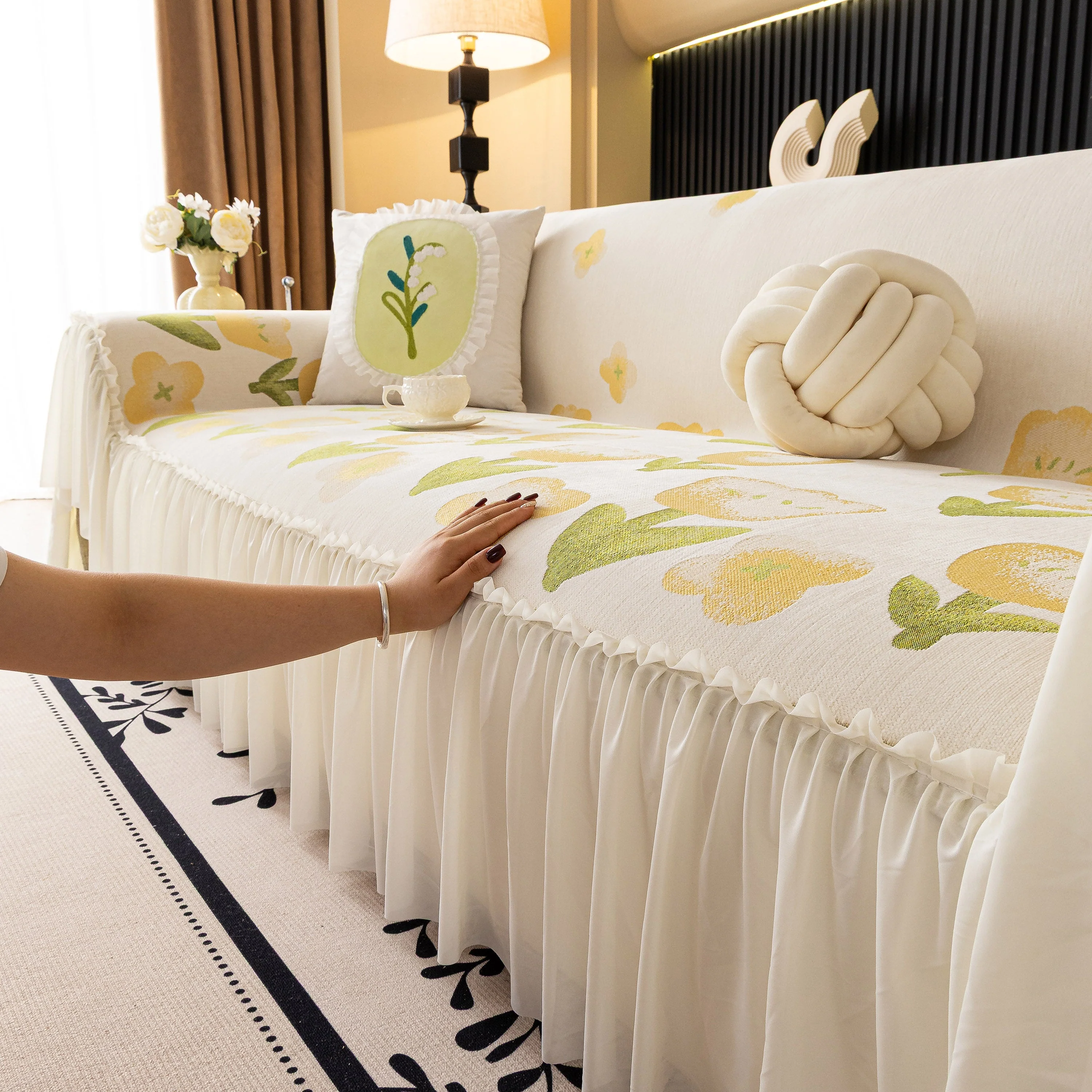 Ruffled Sweet Floral Sofa Cover with Skirt, Soft and Decorative Couch Throw Cover - Image 13
