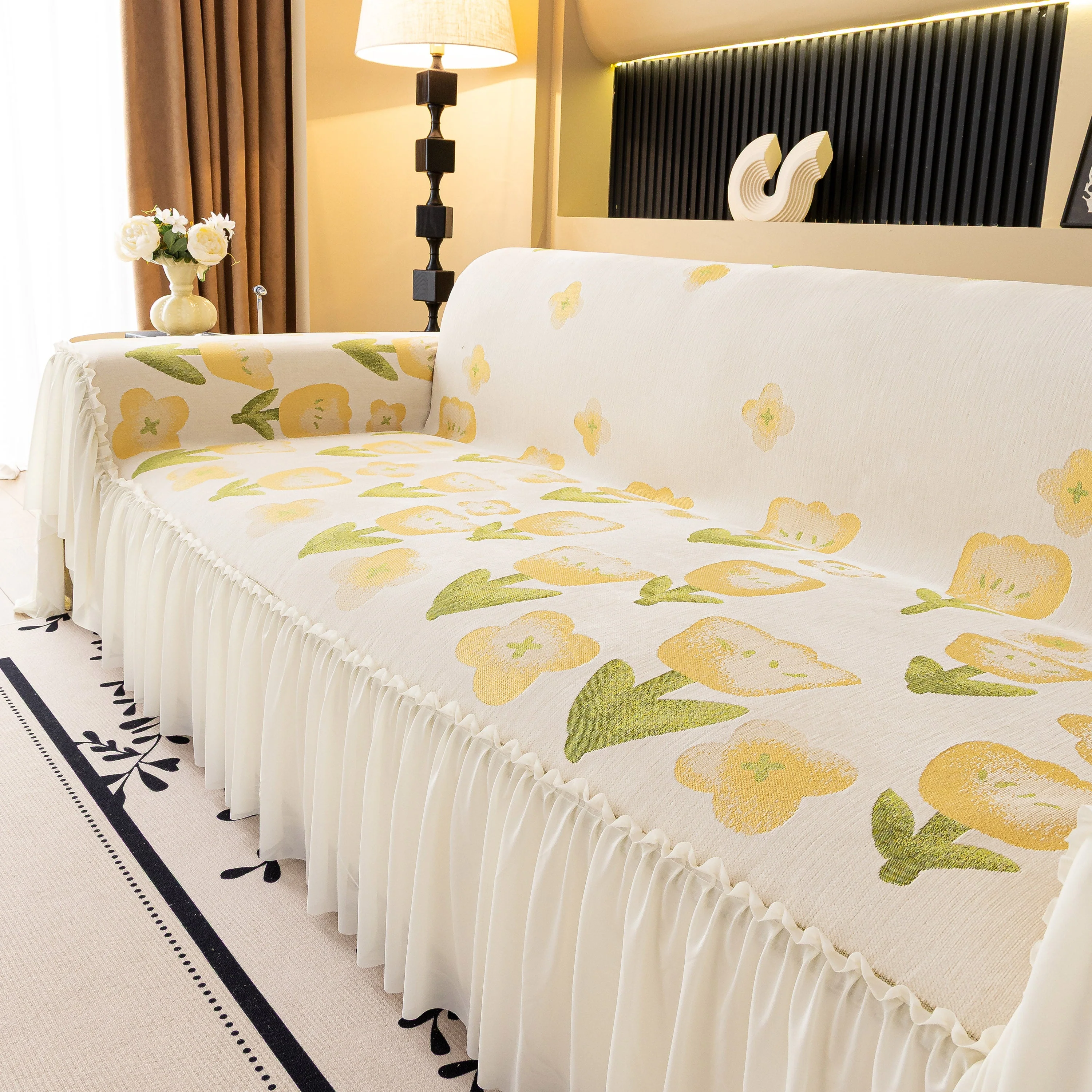 Ruffled Sweet Floral Sofa Cover with Skirt, Soft and Decorative Couch Throw Cover - Image 17