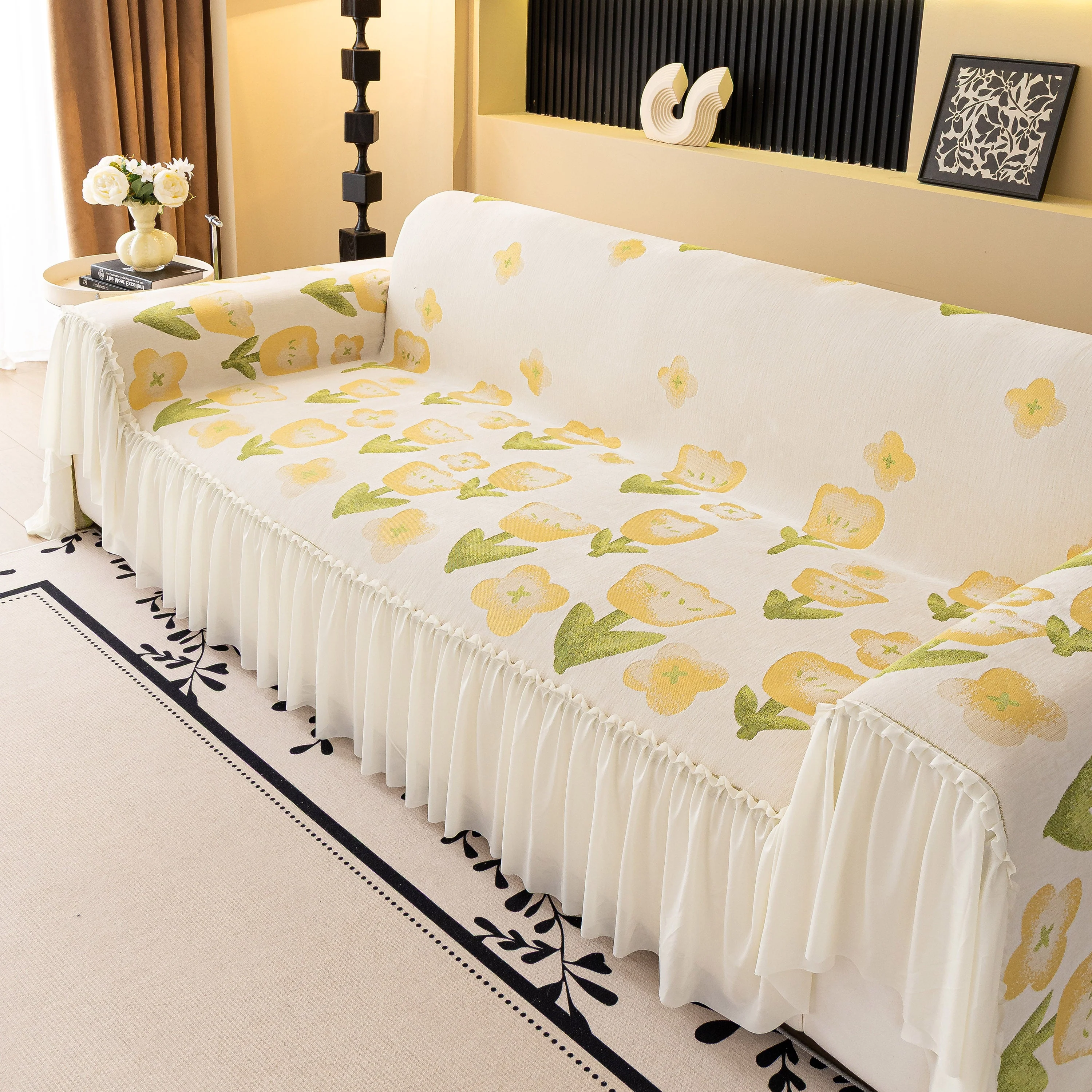 Ruffled Sweet Floral Sofa Cover with Skirt, Soft and Decorative Couch Throw Cover - Image 18