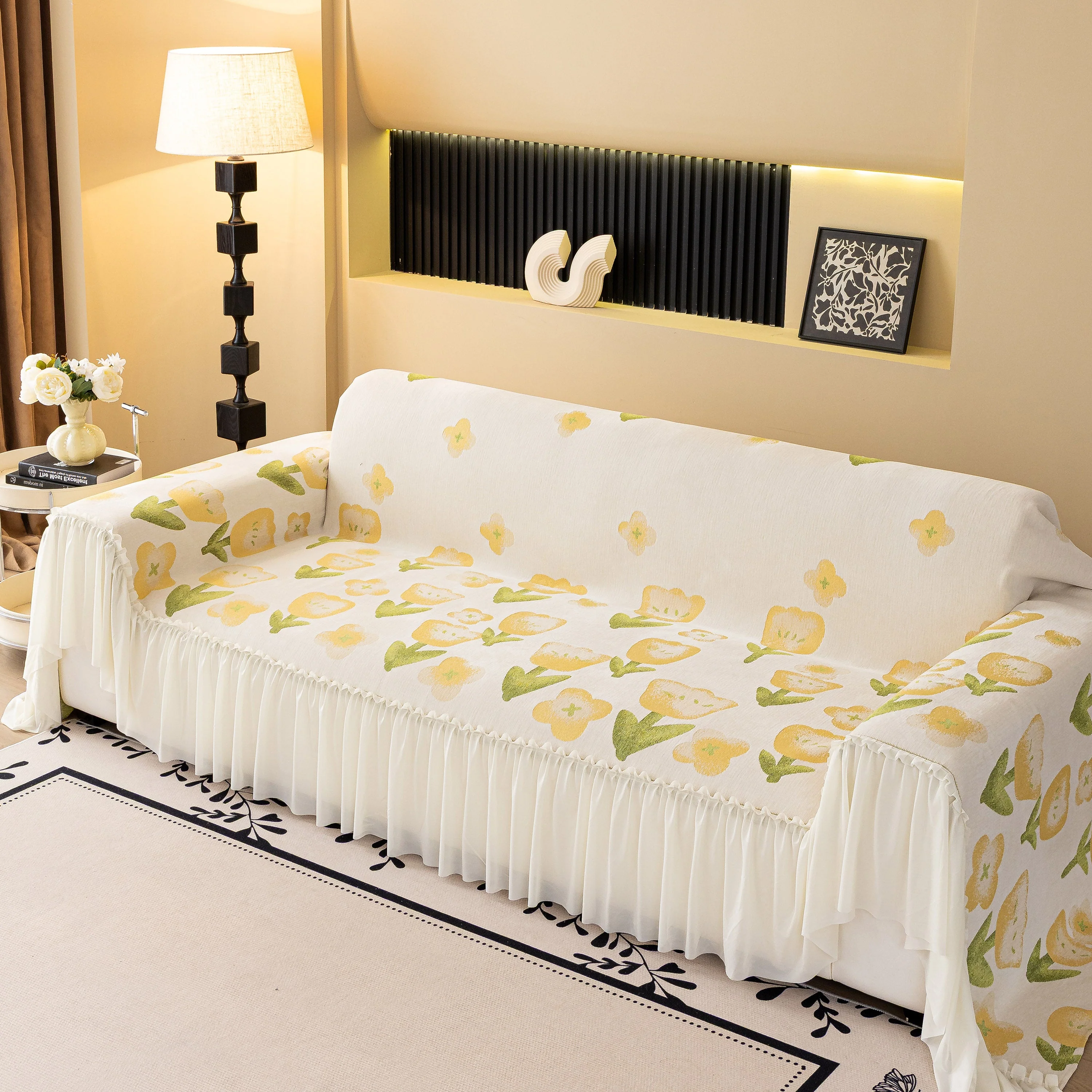 Ruffled Sweet Floral Sofa Cover with Skirt, Soft and Decorative Couch Throw Cover - Image 19