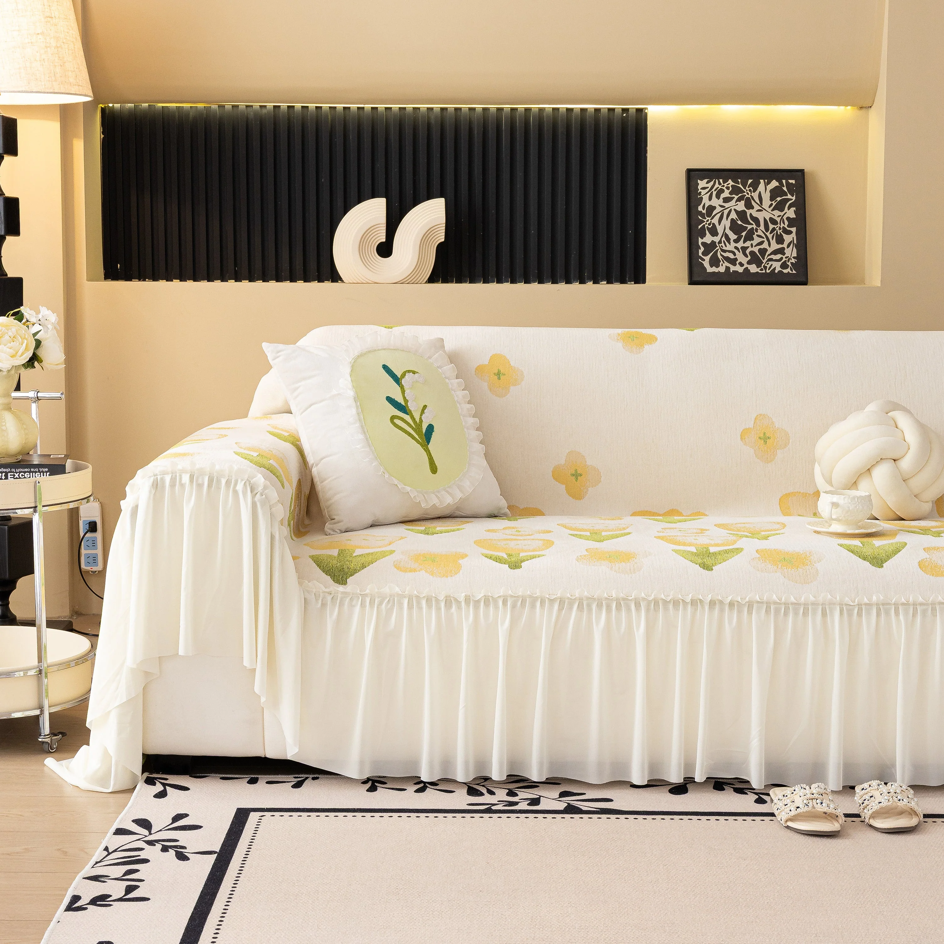 Ruffled Sweet Floral Sofa Cover with Skirt, Soft and Decorative Couch Throw Cover - Image 2