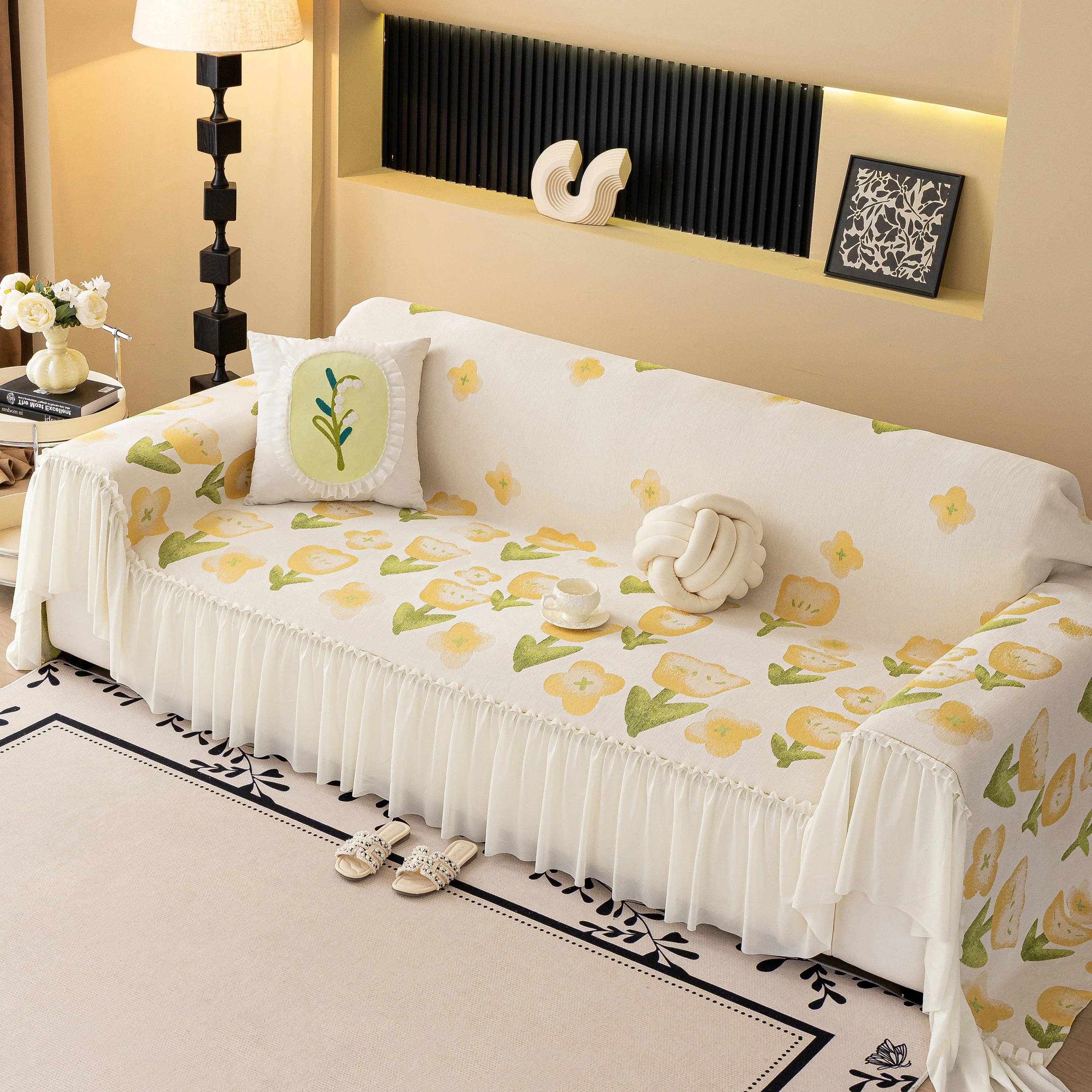 Ruffled Sweet Floral Sofa Cover with Skirt, Soft and Decorative Couch Throw Cover - Image 22