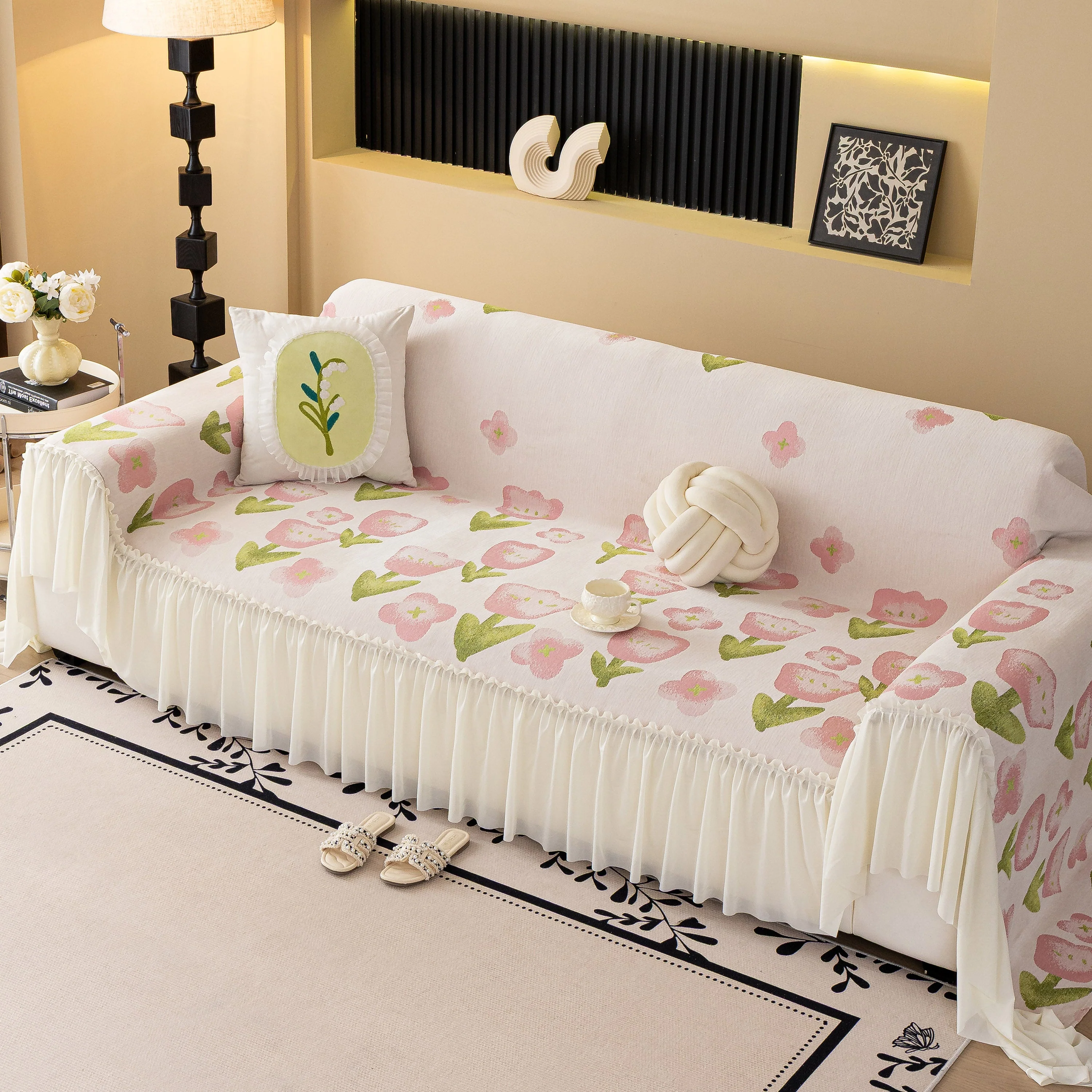 Ruffled Sweet Floral Sofa Cover with Skirt, Soft and Decorative Couch Throw Cover - Image 23