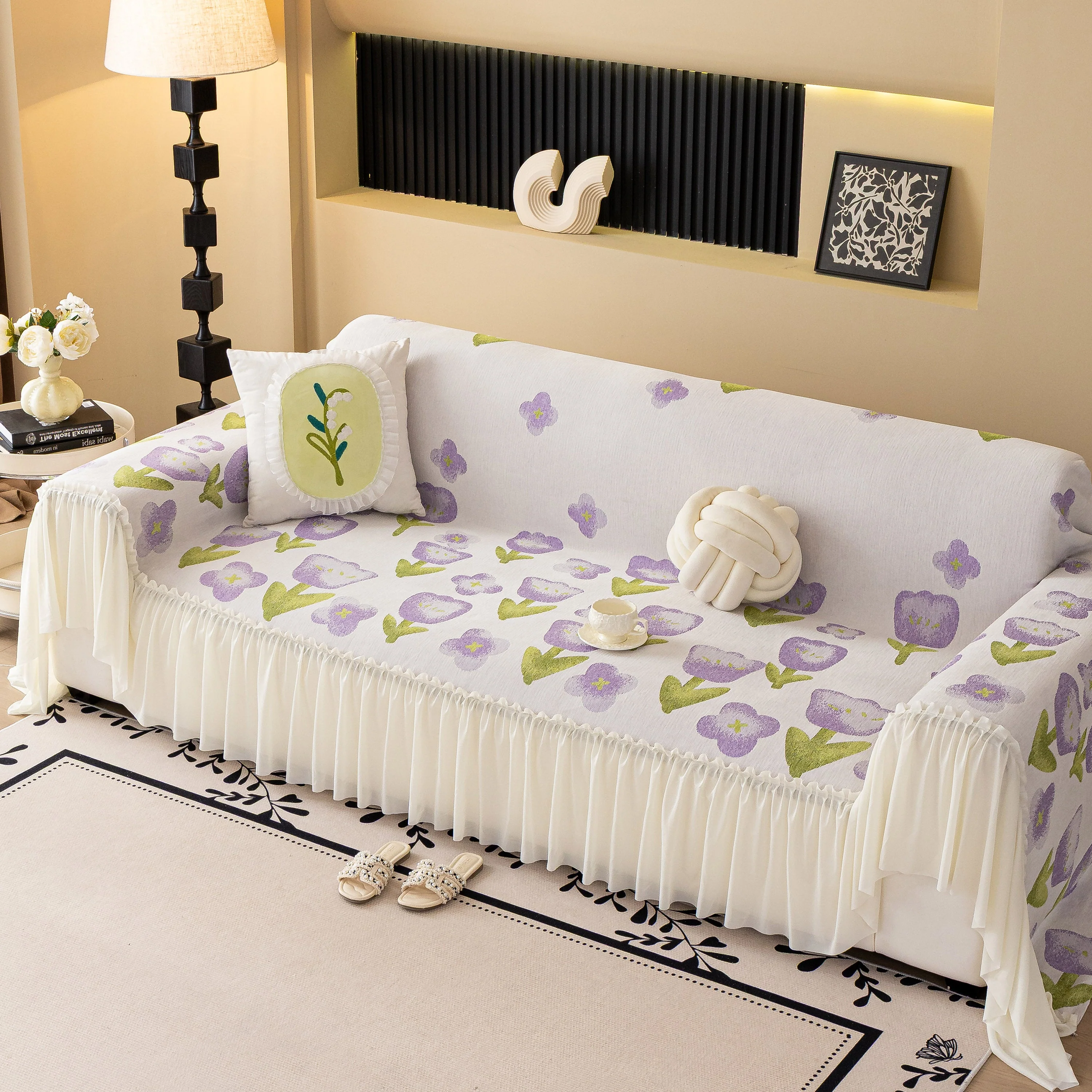 Ruffled Sweet Floral Sofa Cover with Skirt, Soft and Decorative Couch Throw Cover - Image 24